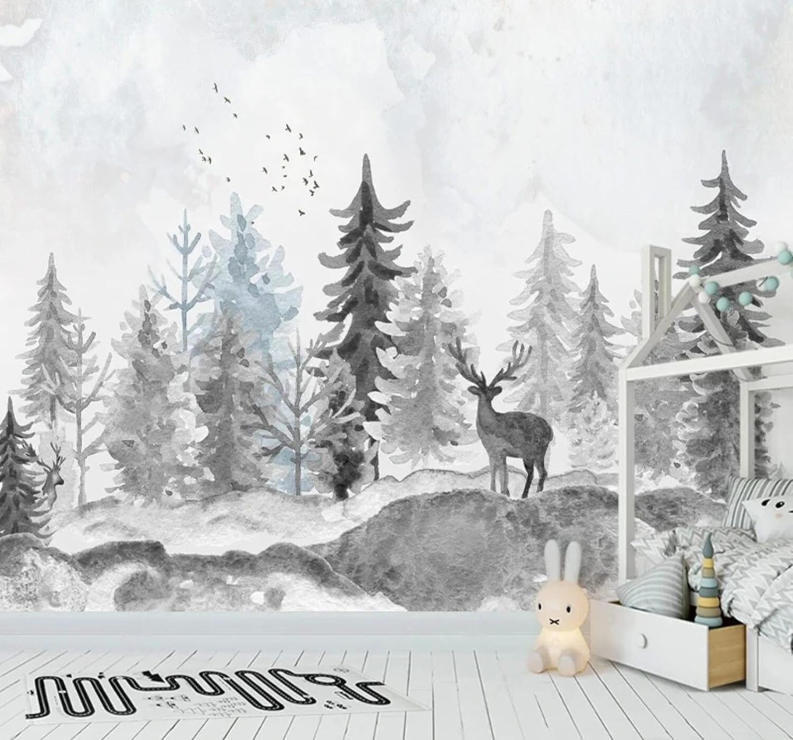 Xlming 200Cm×140Cm(B×H) Hand Drawn Black And White Forest Reindeer Scenery 3D Wallpaper Luxury Silk Study Dining Feature Sofa Grey Bedroom Living Room Tv Decorative Wall-200Cm×140Cm