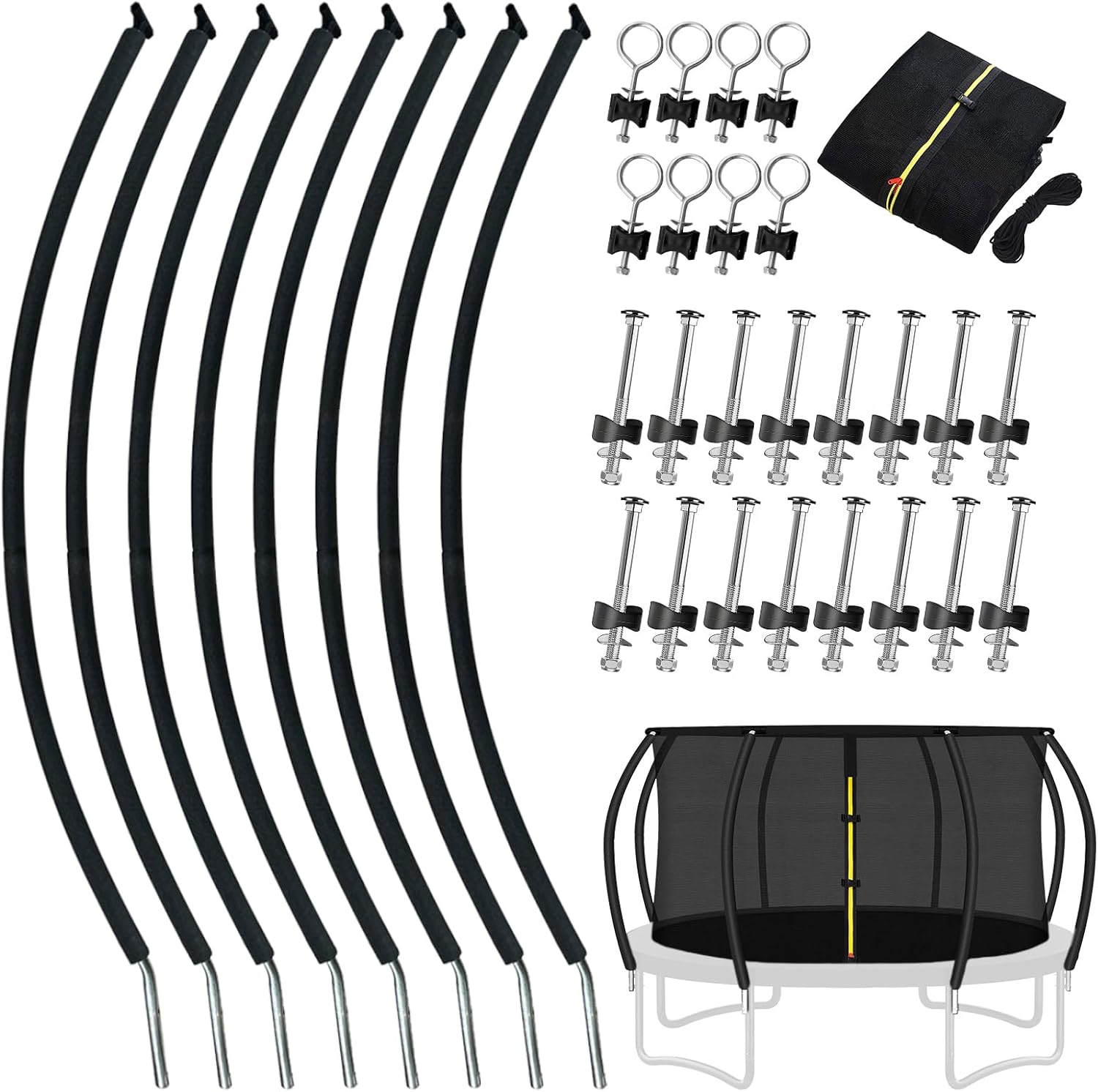 12ft 8 trampoline curved poles replacement with enclosure net, trampoline curved pole, plastic t connector, fiberglass rods, mounting hardware, foam covers