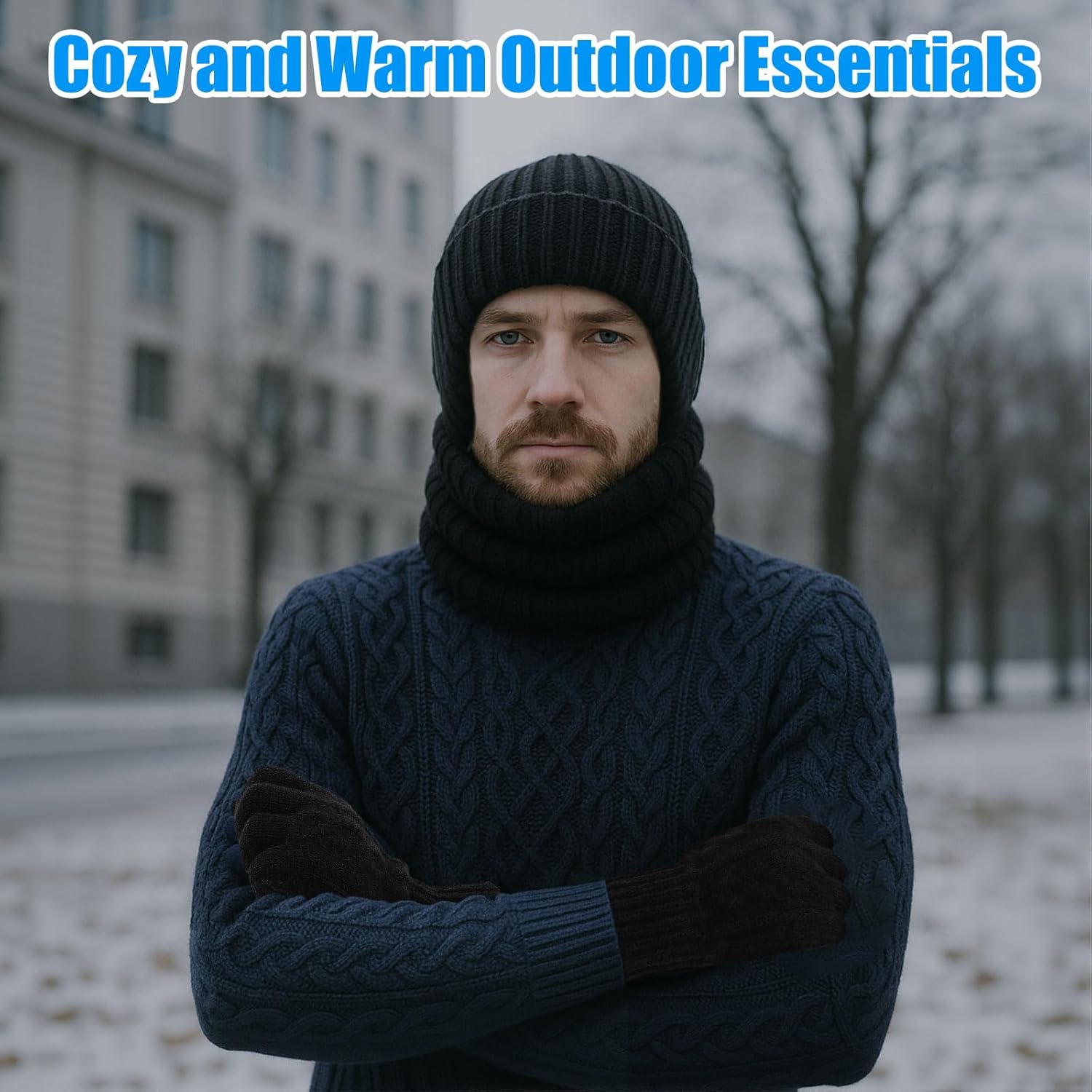 8 Pcs Winter Warm Beanie Hat Scarf Glove Socks Set for Men Fleece Lining Thermal Knitted Earflap Cap Gift Outdoor - Image 6