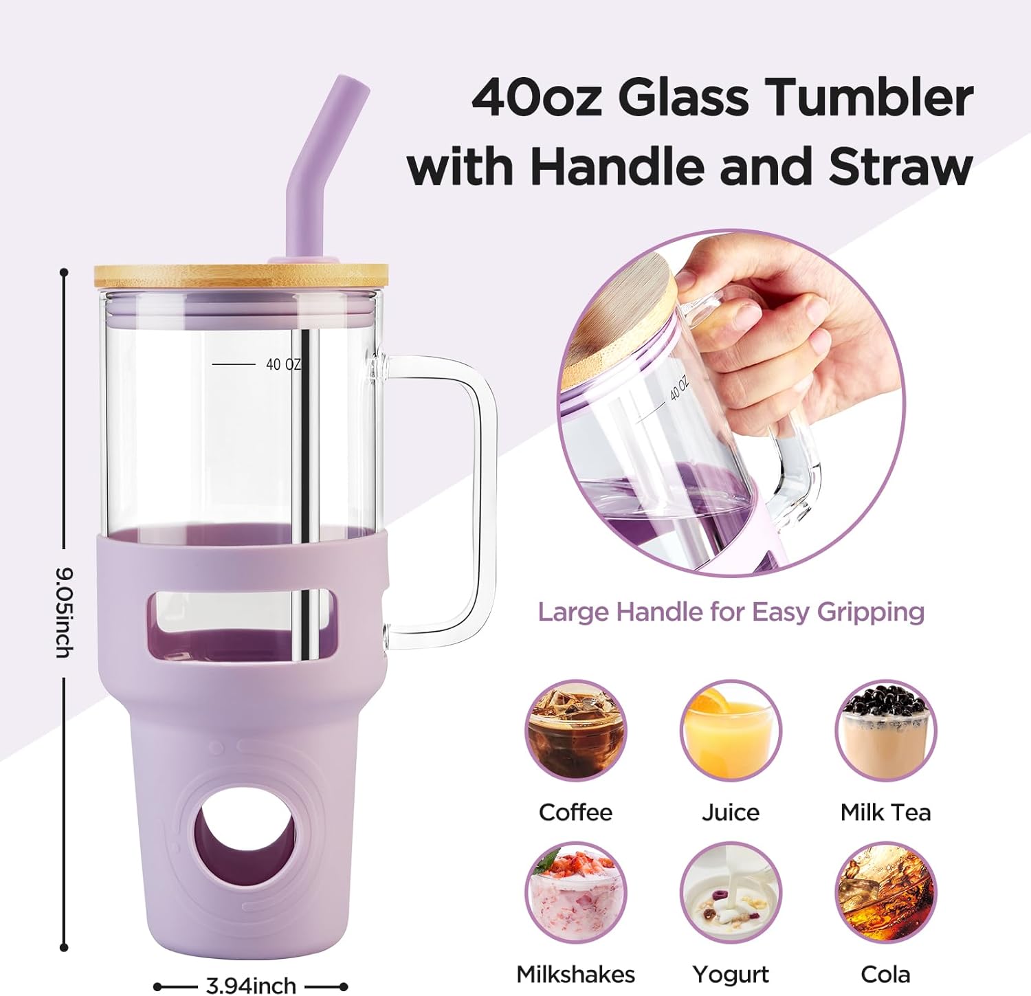 Glass Tumbler with Straw and Lid, 40oz Reusable Iced Coffee Tumbler with Handle Purple, Glass Water Bottles Fit in Cup Holder, Smoothie Cup with Lid, Clear Water Bottle with Straw - Image 3