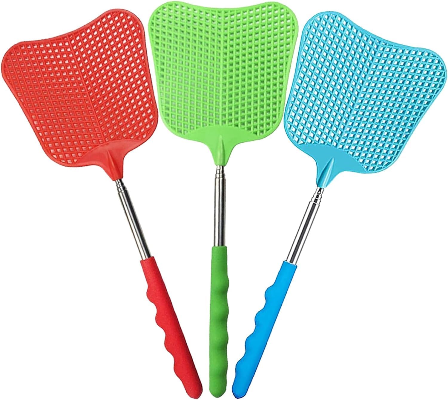 COAOD Fly Swatter, 3 Pcs Black Extendable Swatters, Durable Plastic Flat, Stainless Steel Handle, Swating Pest Fly Mosquito (R&G&B)