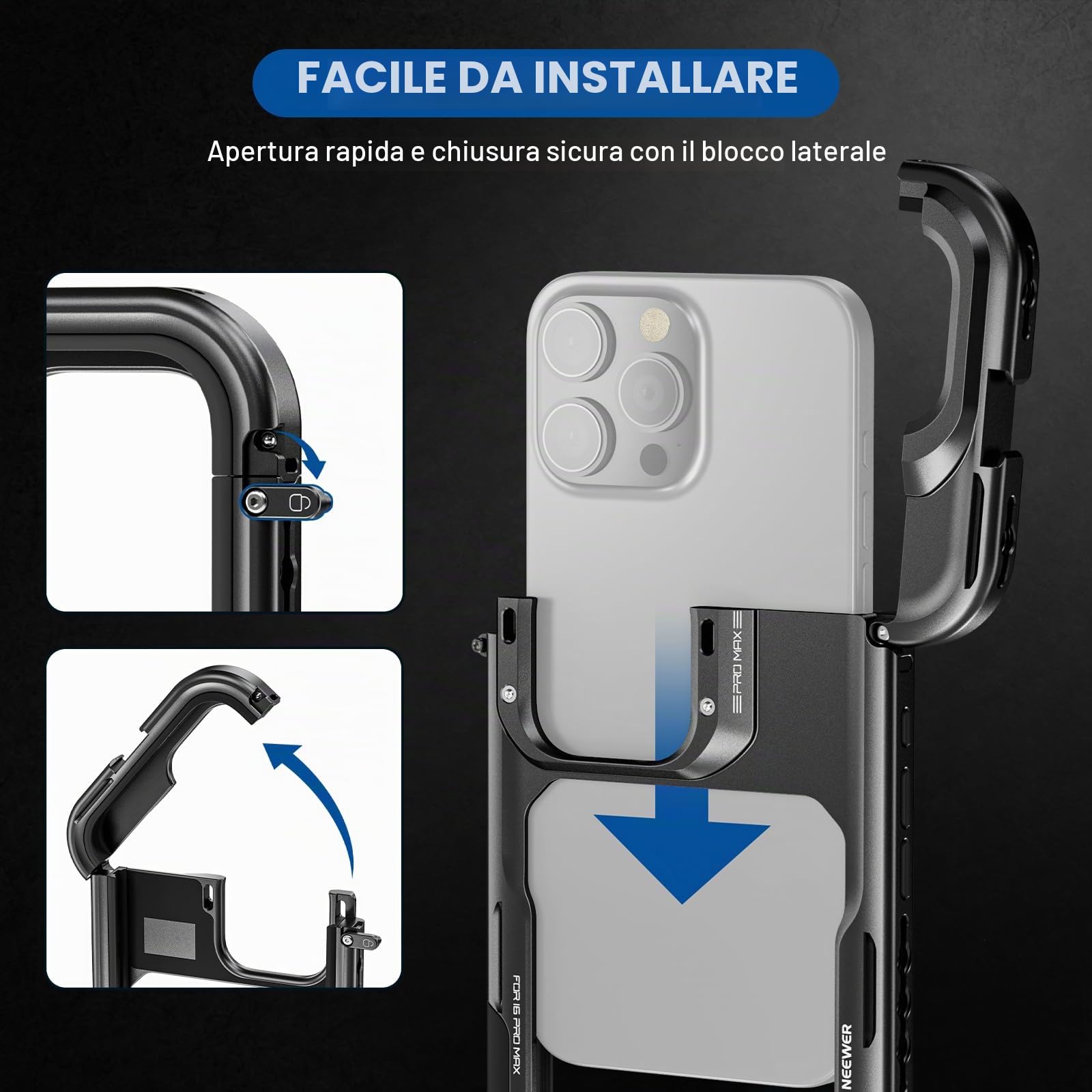 NEEWER 16 Pro Max Cage Rig Video Stabilizzatore Telefono Compatibile con iPhone 16 Pro Max, Adattatori per Filtro 67mm, Backplate per Lenti 17mm/T Mount, Accesso Completo al Controllo Fotocamera,PA074