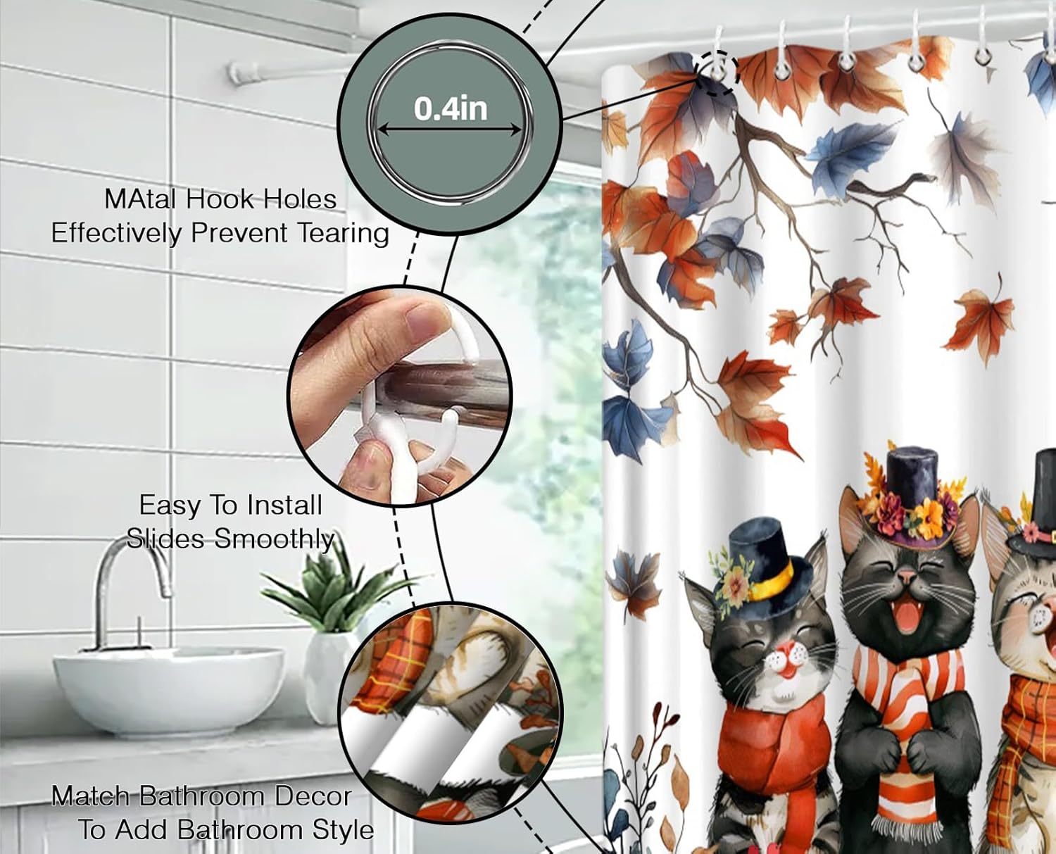 GCTNBJL Fall Thanksgiving Shower Curtain Pumpkin Cute Cats Maple Leaf Watercolor Animal Blue Orange Extra Long Bathroom Home Curtain with Hooks,70x78 Inch