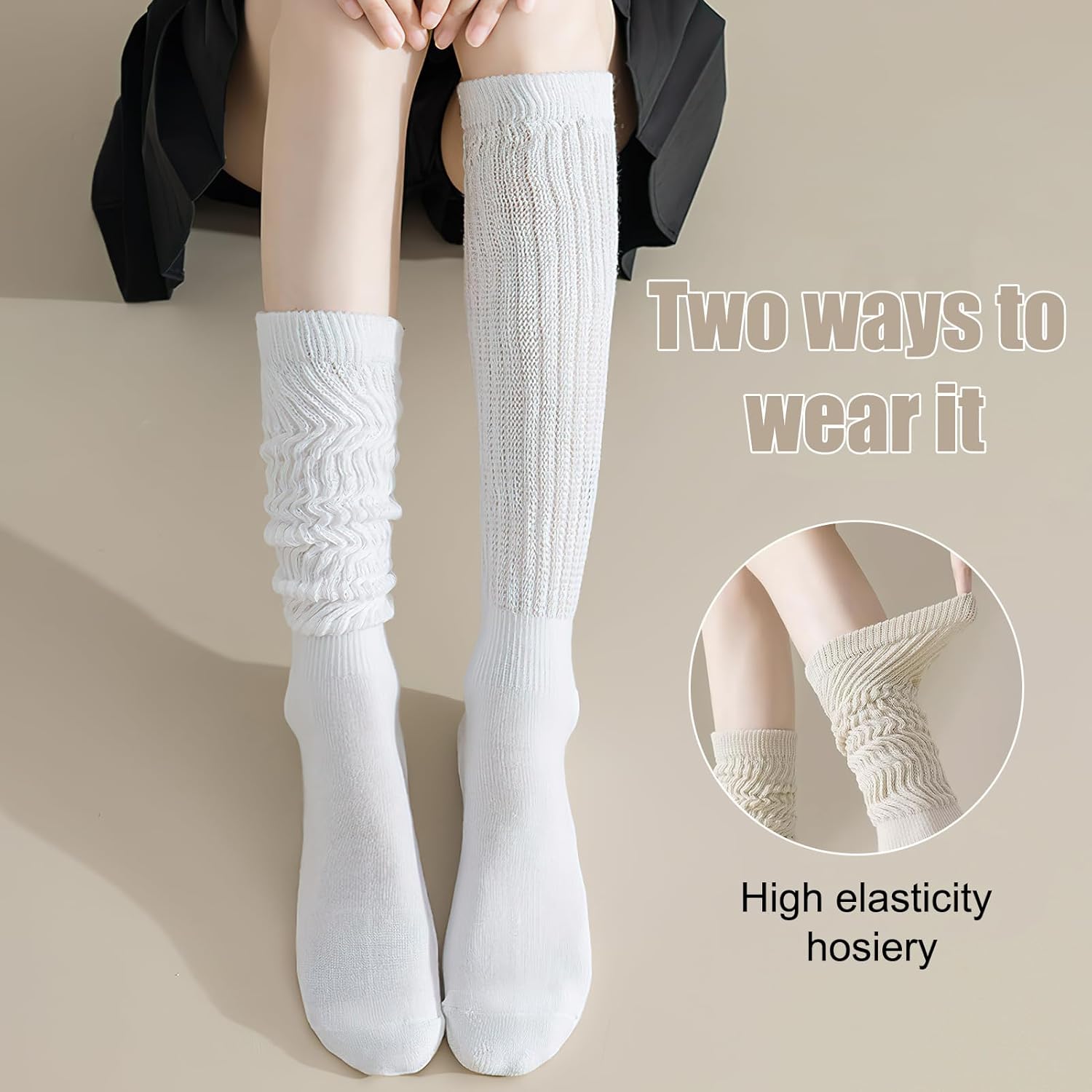 3 pairs Women's Slouch Sock Scrunch Socks Retro Knee,Soft Stack Chunky Cozy Boot Socks,High Socks Size 6-11(black, white and khaki) - Image 4