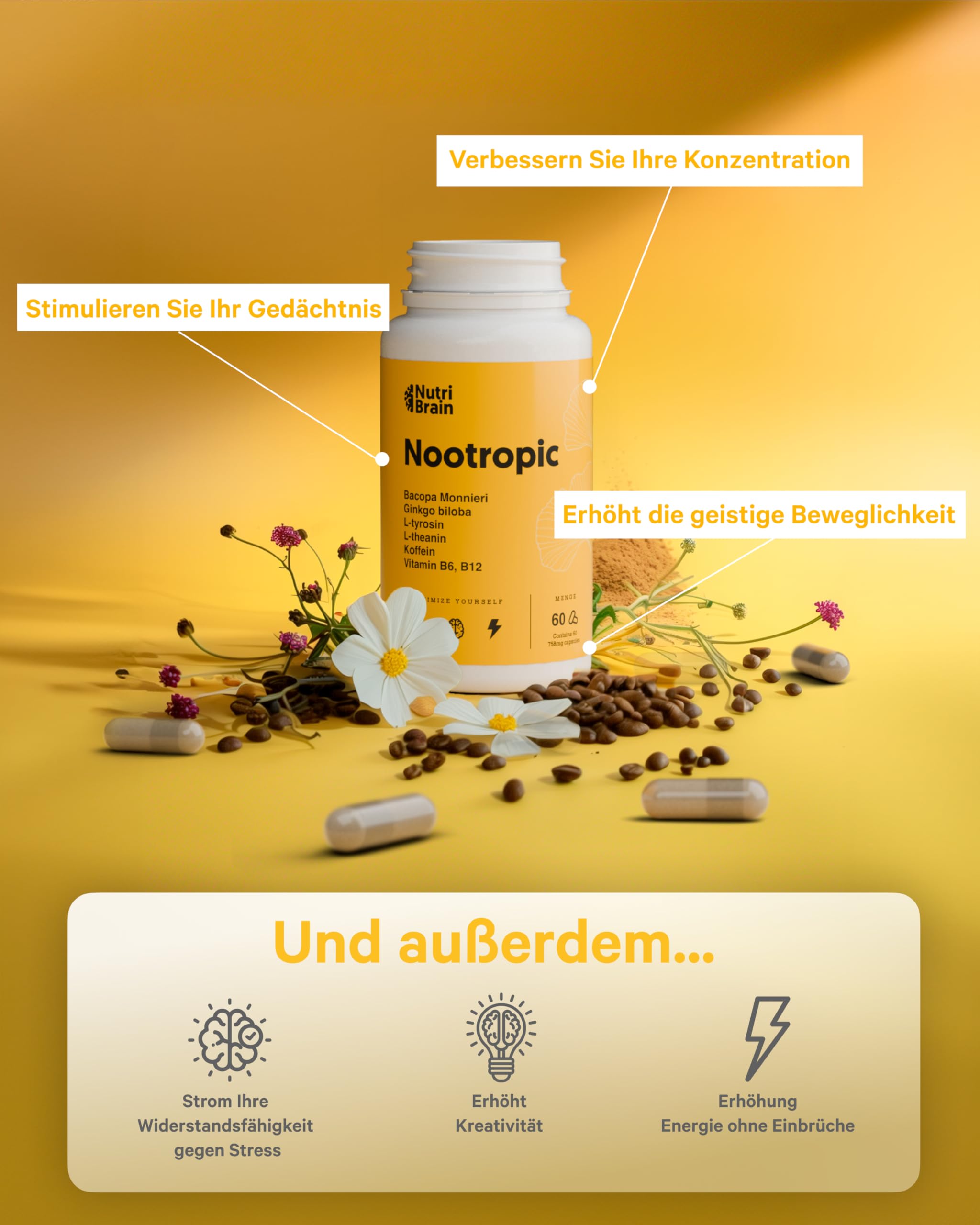 Nootropic Brain Booster - Konzentrations Tabletten mit Ginkgo Biloba, Tyrosin, L-Theanin & 130mg Koffein - Gedächtnis Tabletten für Dopamin & Fokus - NutriBrain