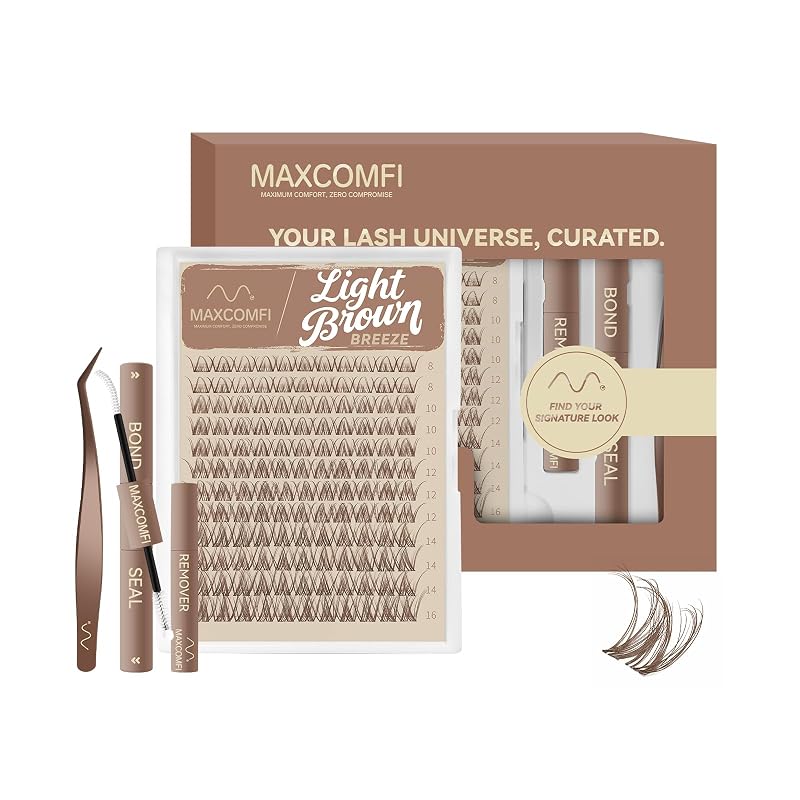 Kit de Cílios em Tufo Maxcomfi Light Brown Breeze DD Curl, 8–16 mm, com Bond & Seal, Removedor e Pinça