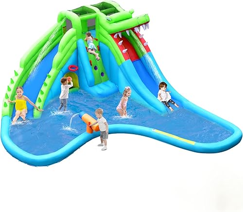 HONEY JOY Toboganes acuáticos inflables para niños, castillo de agua de cocodrilo 7 en 1 con pared de escalada y tobogán largo, túnel de arrastre y