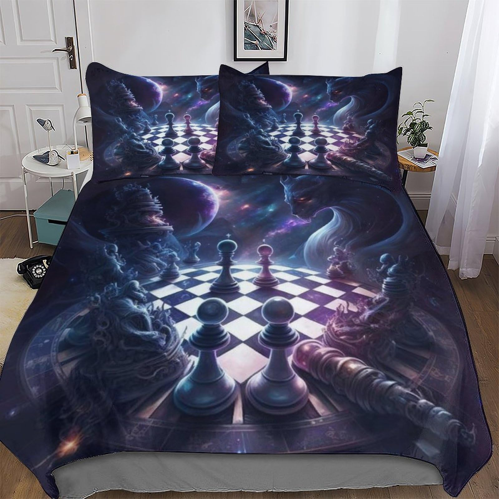 Housse de couette échiquier anti-plis en microfibre douce king 220x240cm pour parure de lit