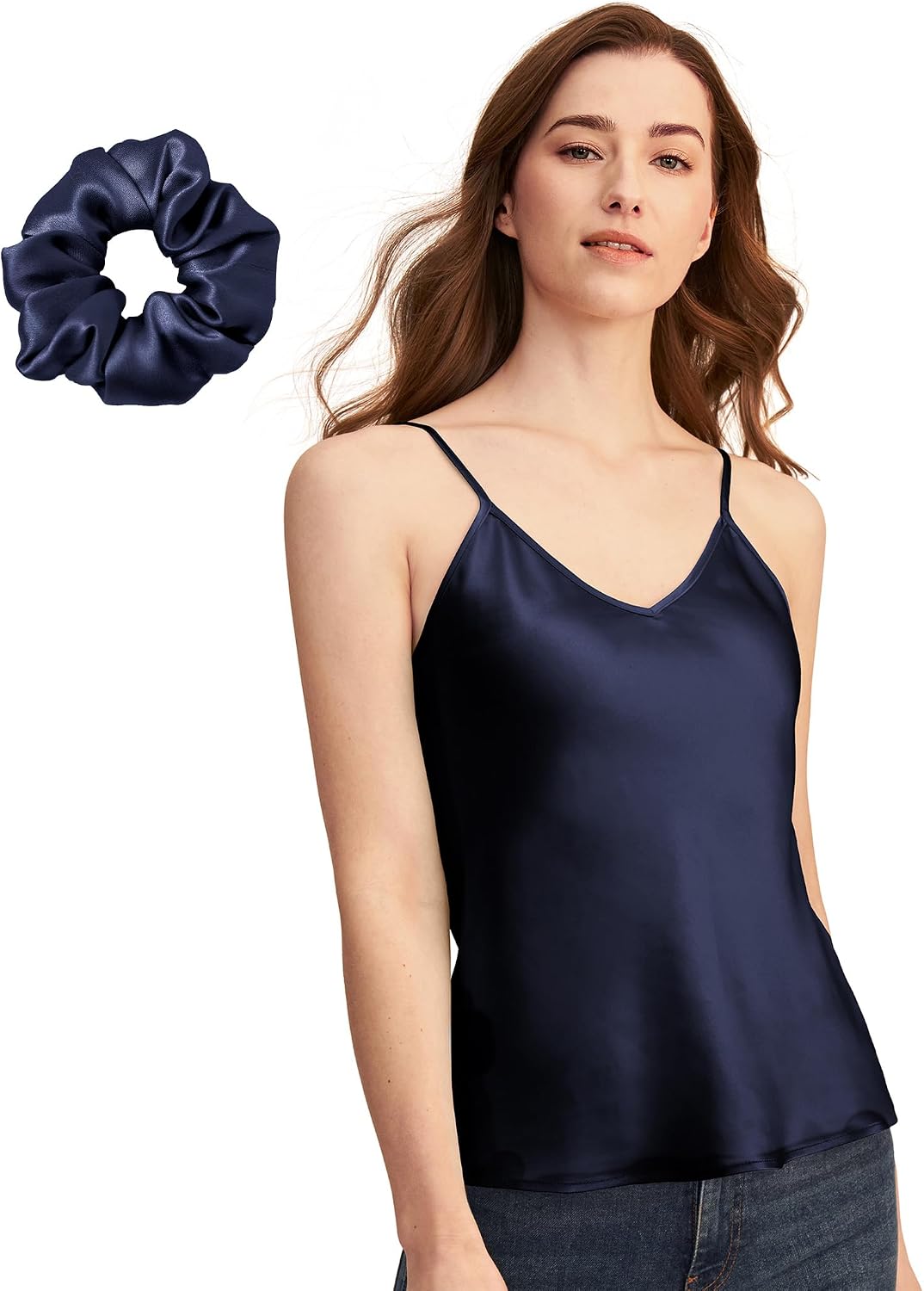 LilySilk Womens Silk Camisole 100% S and Silk Hair Scrunchies for Frizz & Breakage Prevention, Navy Blue