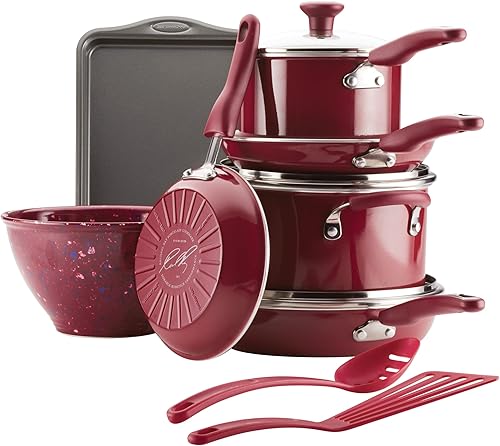 Miniatura 2 de Rachael Ray Get Cooking Juego de ollas y sartenes antiadherentes incluye sartén para hornear y herramientas de cocina 12 piezas color borgoña