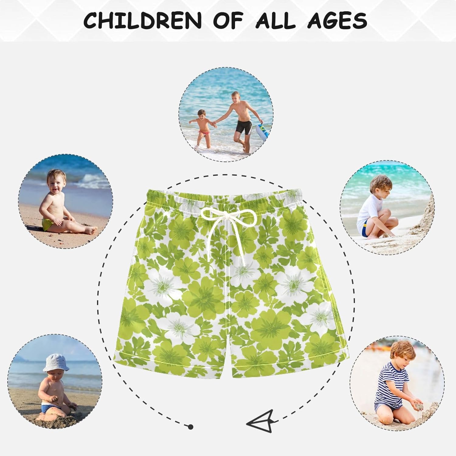 Boys Swim Trunks White Floral Green Quick Dry Bathing Suit Swimsuit Toddler Beach Board Shorts Mesh Swimwear 2-12Y
