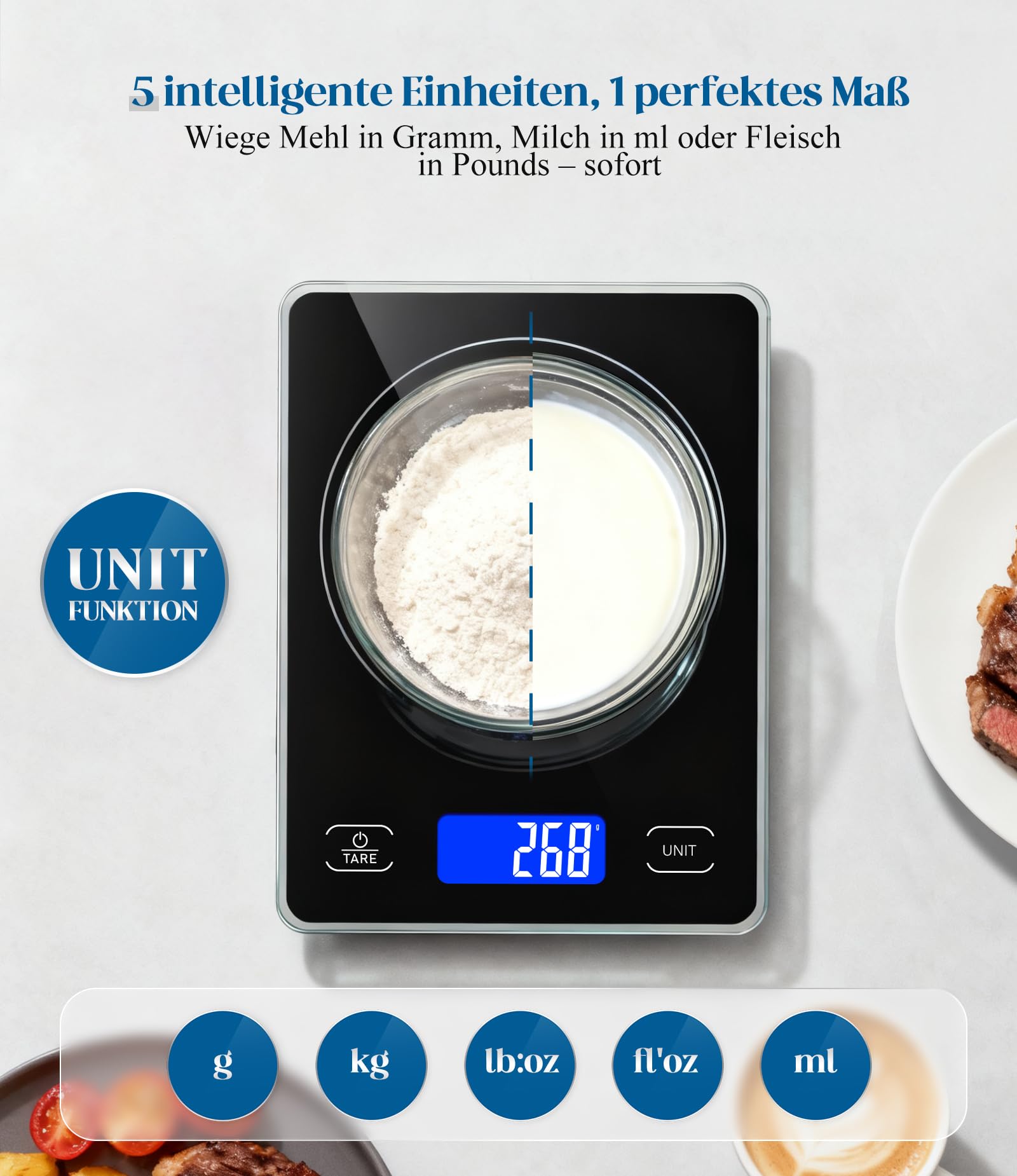 Küchenwaage Digital mit 15 kg Tragkraft, 5 Einheiten in g/ml/fl'oz, Präzise Waage Küche mit Großem Display, Dual Power (USB-C/Batterie), 1g Hochpräzise, Tara, Sicherheitsglas für Backen, Kochen