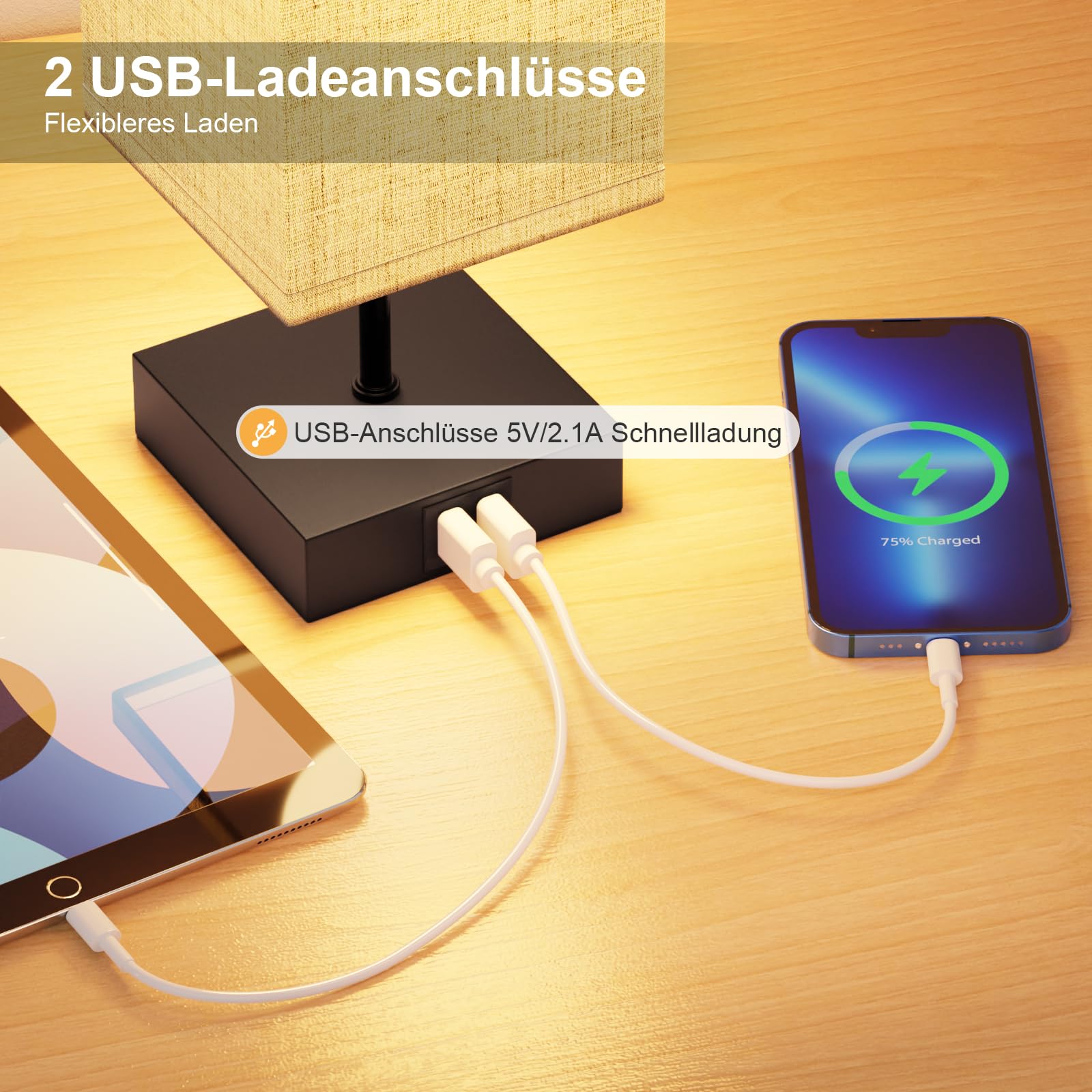 Lamparas de Mesita de Noche, Lámparas de Mesa con 2 Puertos USB de Carga Rrápida, 3 Temperaturas de Color y Regulación Continua, 2 Bombillas E27 de 6W para Dormitorio, Ssalón, Ooficina