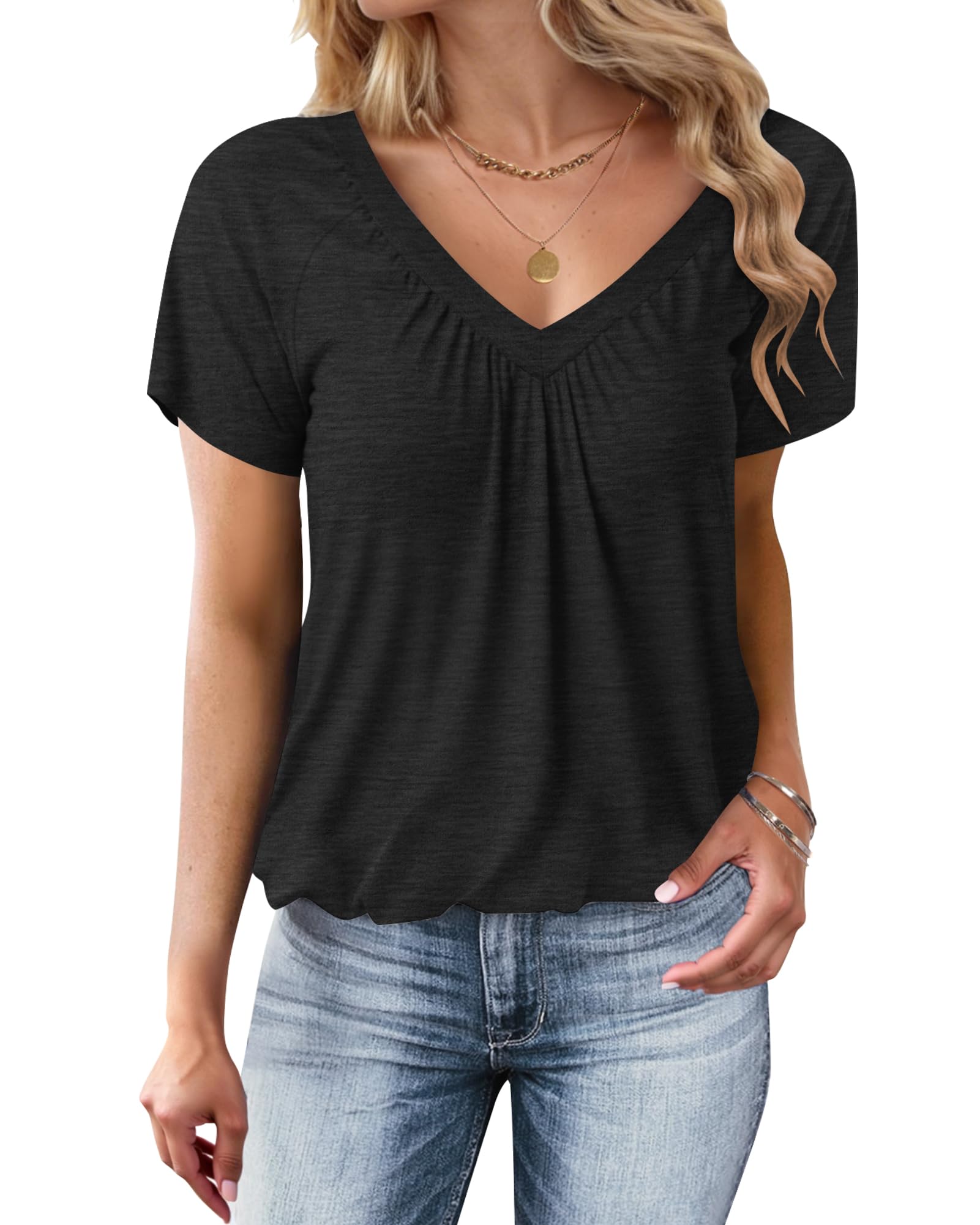 WNEEDU Tshirt Damen Sommer - V Ausschnitt Kurzarm Oberteile Basic Tops | Casual Lockere Bluse,T-shirt mit Plissiertes Frontmieder,Blasen-Saum,Leicht und Luftig,Shirt mit Gummizug am Saum