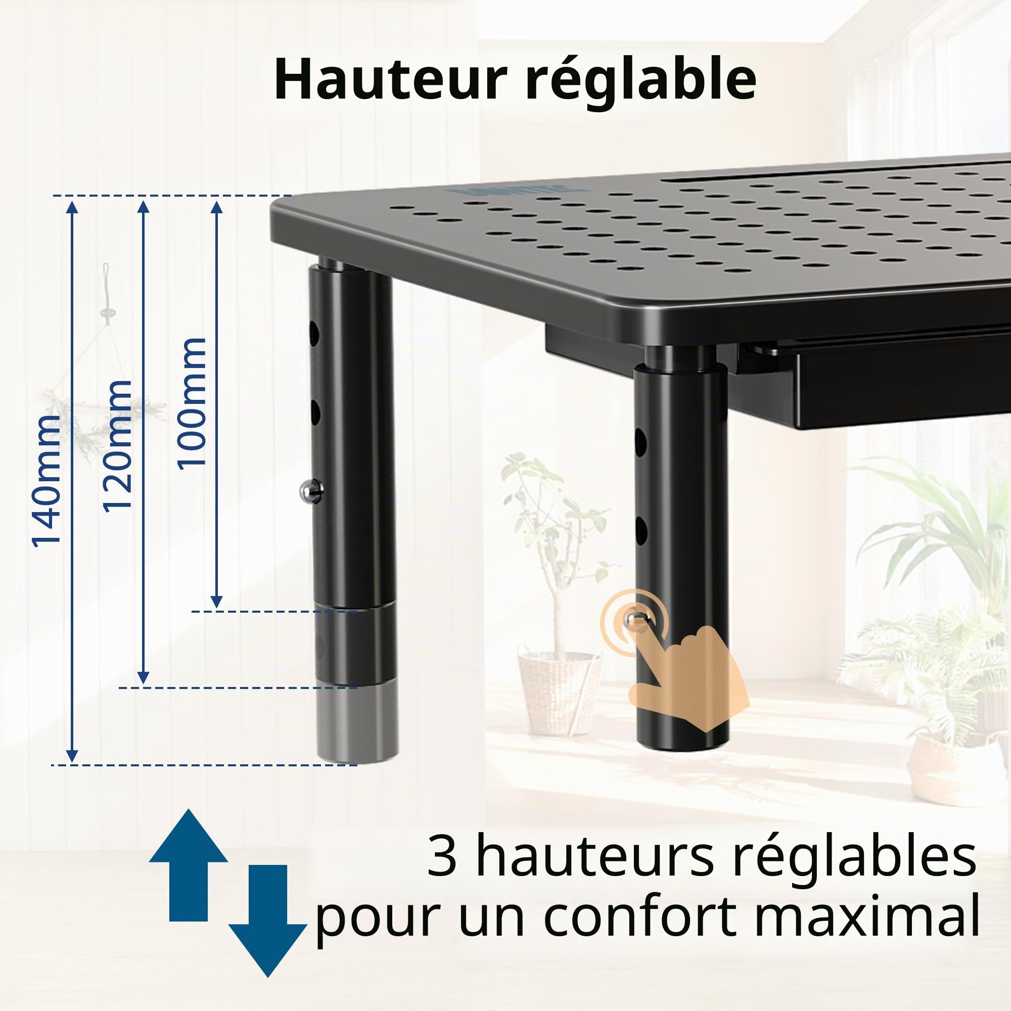 BONTEC Support Moniteur avec Tiroir, 3 Hauteurs Réglables pour Moniteur PC, Rehausseur Ecran pour Bureau avec Plate-Forme en Maille pour, Ordinateur Portable, PC, Imprimante jusqu'à 20 kg