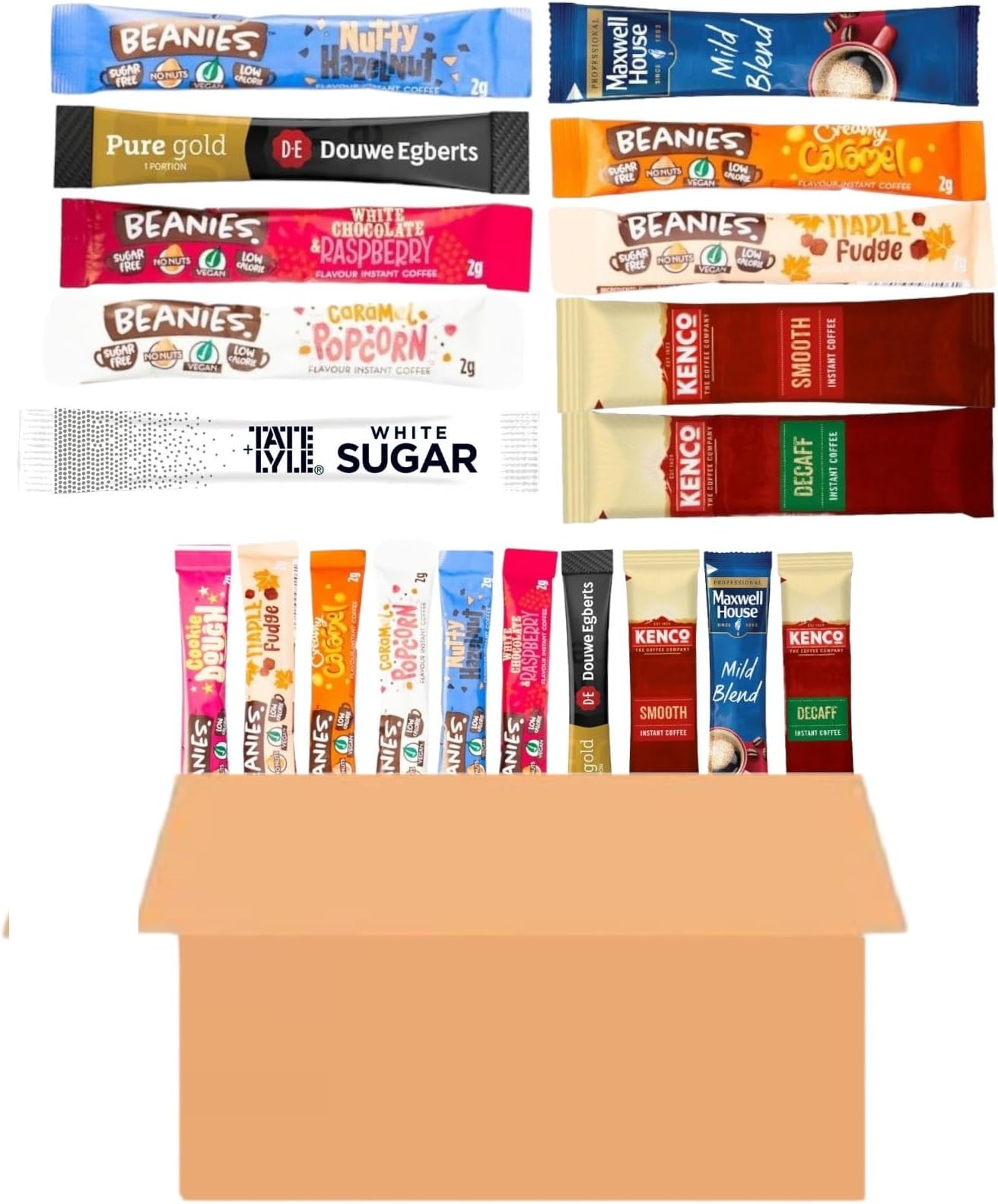 Variety Pack Coffee and Sugar Sticks Including Douwe Egberts, Tate & Lyle, Beanies, Etc. in Plain Brown Box (Total 80 Sticks)