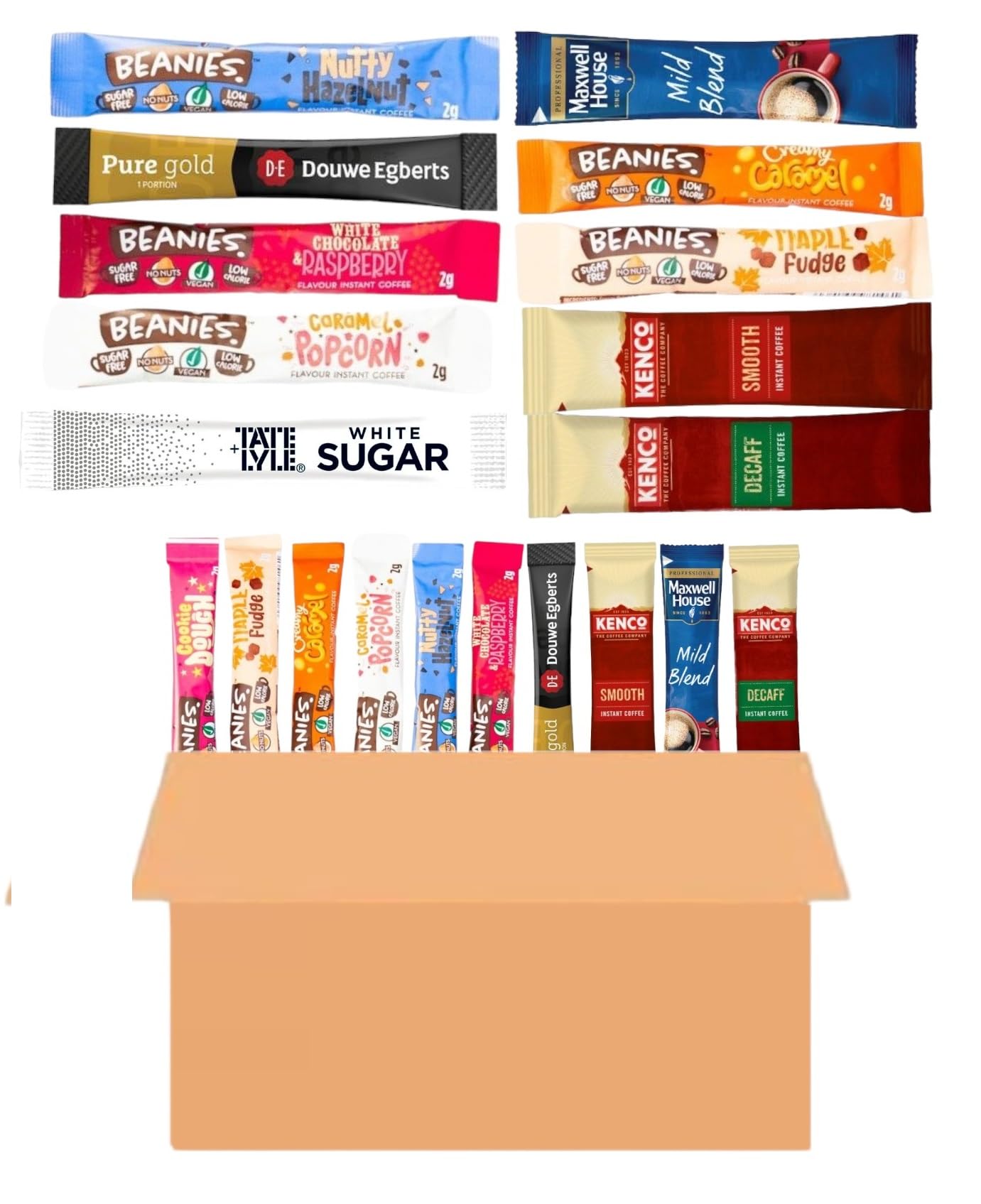 Variety Pack Coffee and Sugar Sticks Including Douwe Egberts, Tate & Lyle, Beanies, Etc. in Plain Brown Box (Total 80 Sticks)