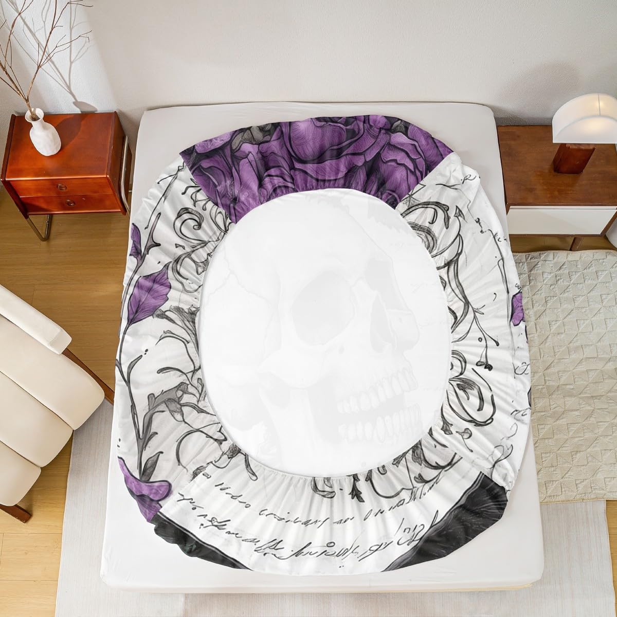 Erosebridal Halloween Gothic Skull Bed Sheets Full Goth Sugar Skull Fitted Sheet Retro Bones Skeleton Bedding Set for Men Women Adults,Purple Roses Crows Bed Cover 3 Pcs