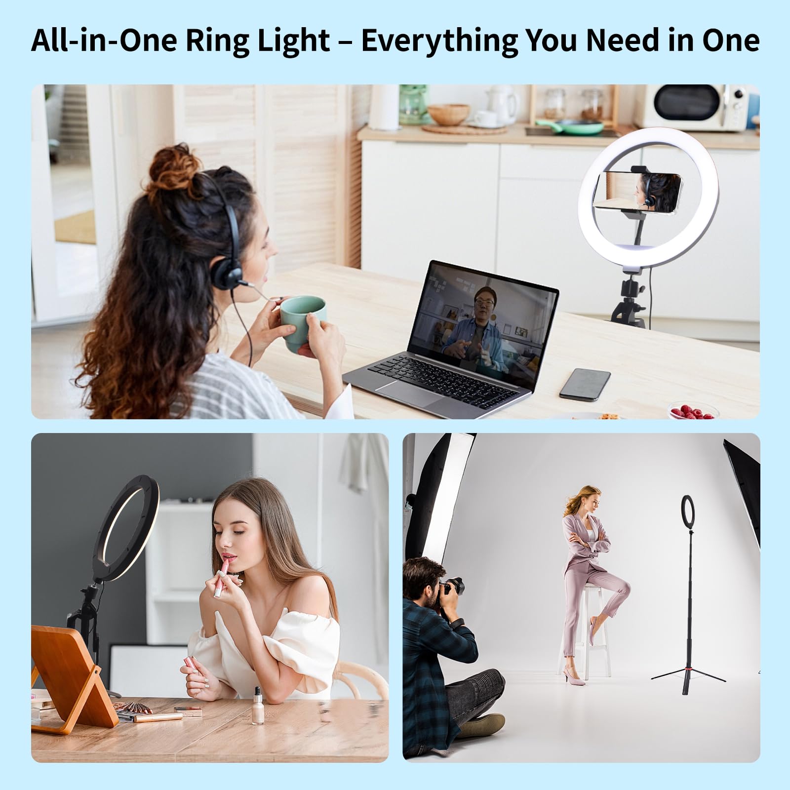 Handy-Stativ mit Ringlicht, 1,8m Aluminium Stativ mit 4-Fuß-Ständer, Bluetooth Fernbedienung, 360° drehbarer Halter, Tragbares Reisestativ für Selfie/Live-Stream/Video (Kompatibel mit Smartphones)