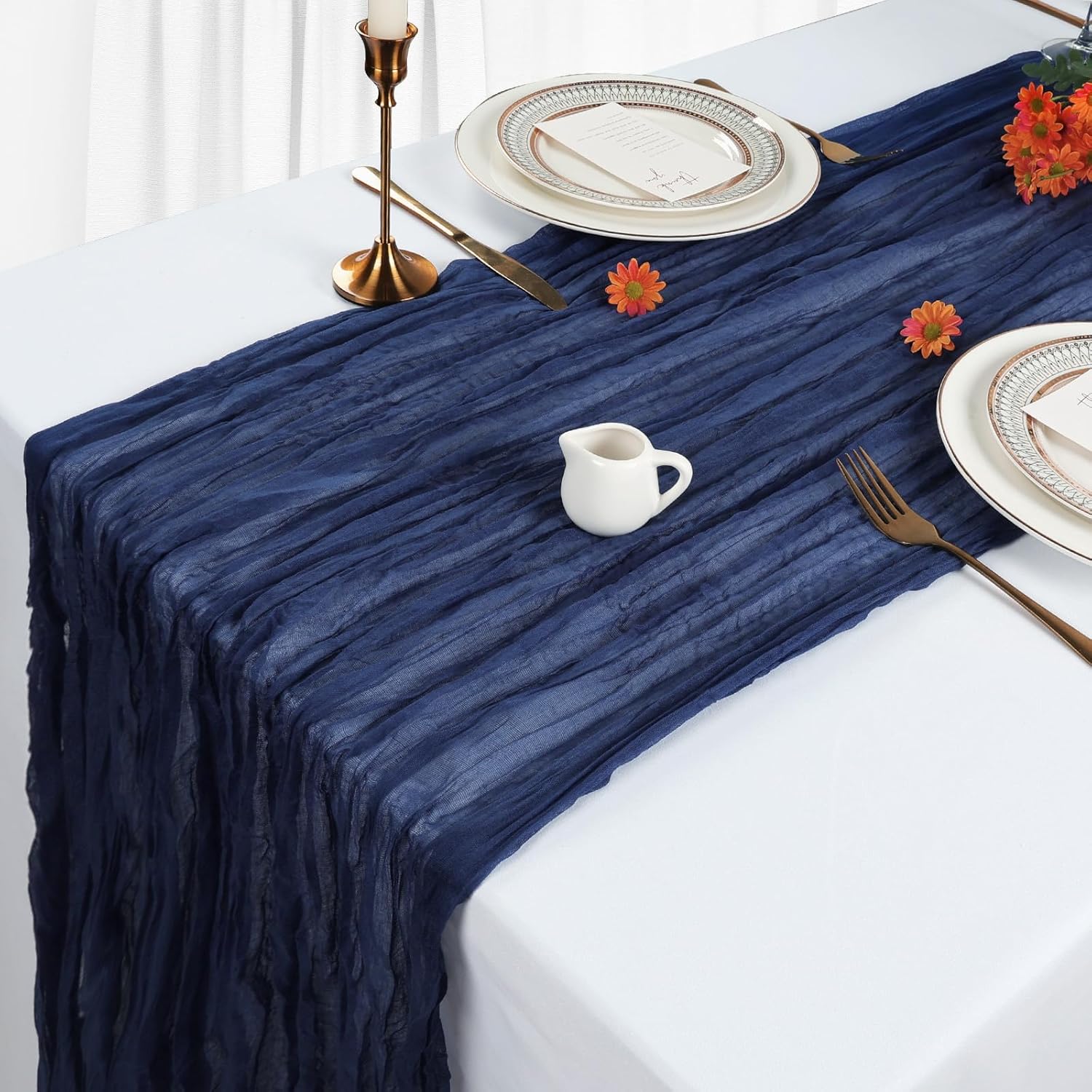 6 Pack Size 35x120 Color Blue Navy Blue Cheesecloth Table Runner 10Ft Gauze Cheese Cloth Table Runner 35x120 Inch Boho Sheer Rustic Fabric for 4th of July Party Decor Baby Shower Wedding Centerpiece Home Table Decorations