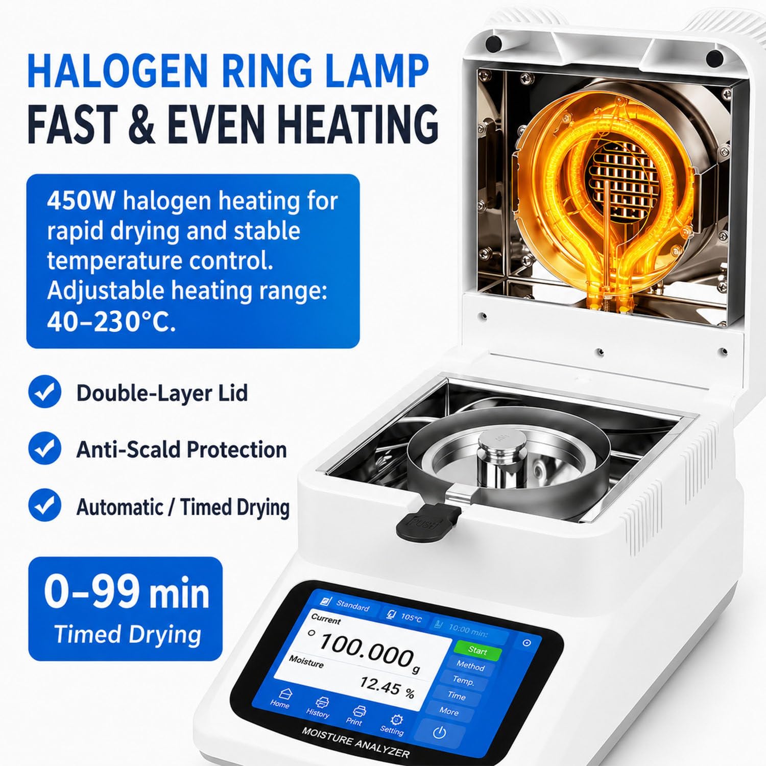 Analizador Digital, 120g, 0,01%, 40-230°C 0.005g | Calentamiento halógeno con apagado automático. Perfecto para cereales y piensos.