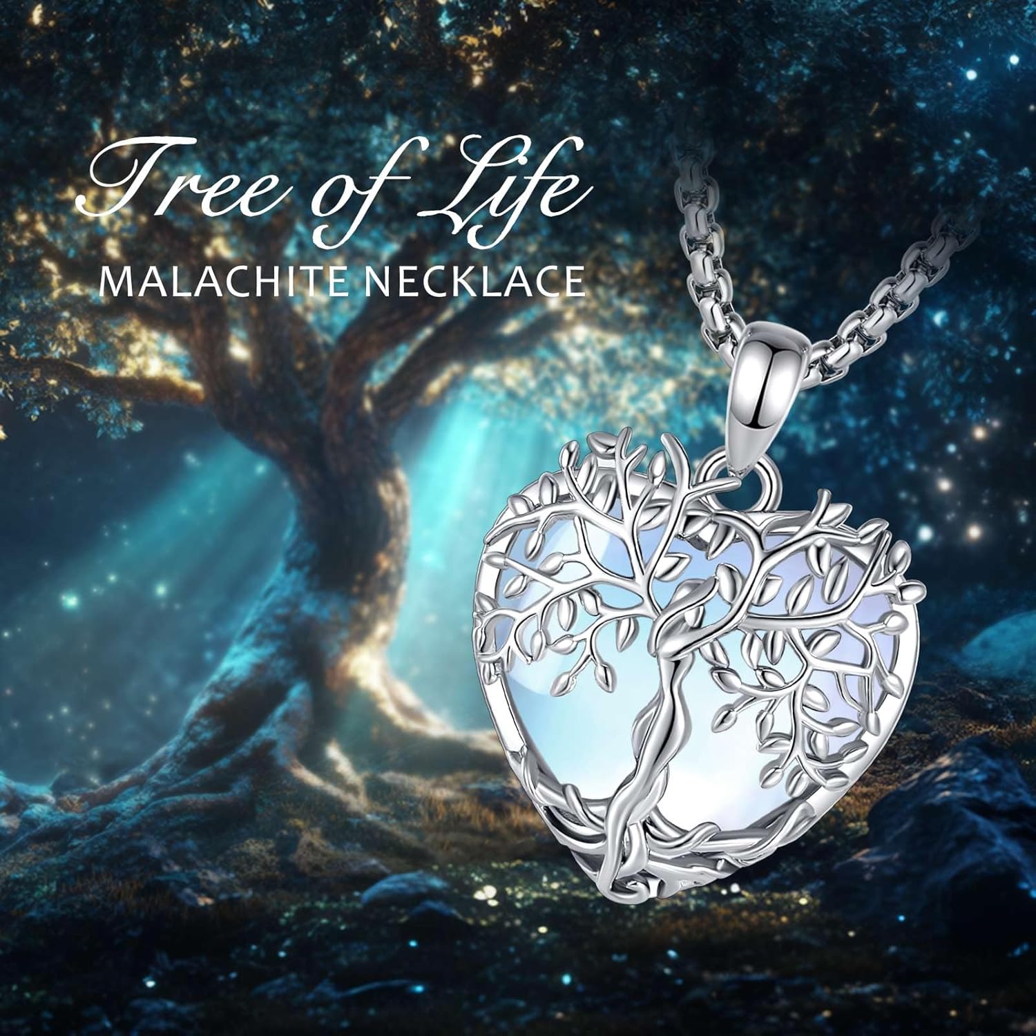 Vito Tree of Life Necklace for Women Men, Silver Plated Copper Teardrop Moonstone/Obsidian/Turquoise/Amethyst/Malachite Crystal Tree Necklace Protection Energy Amulet Jewelry Gift for Mom Wife, 20+2" - Image 8