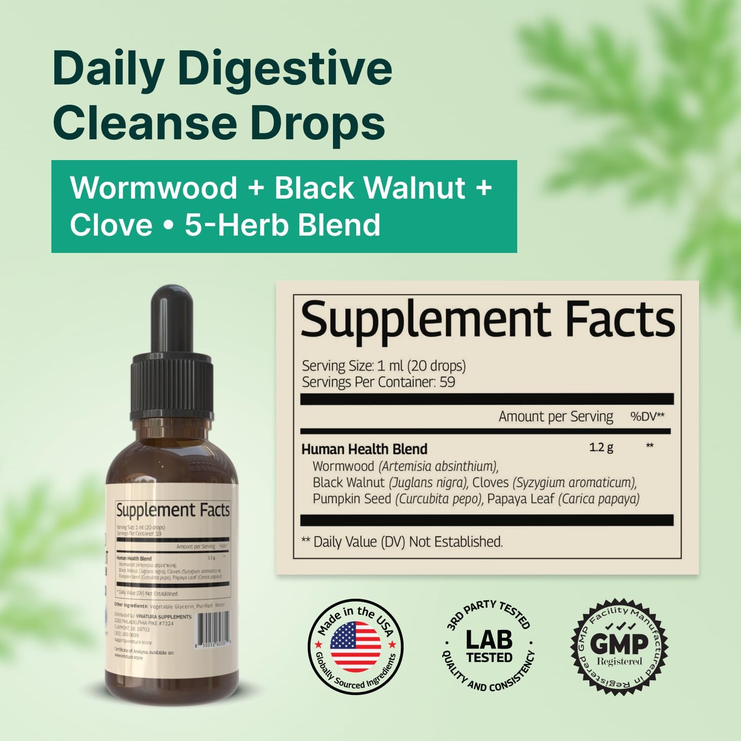 VINATURA Wormwood Black Walnut Cloves Liquid - Cleanse, Detox for Humans with Papaya Leaf and Pumpkin Seed, Intestinal Guard Formula Supplement - 2 fl oz - Image 2