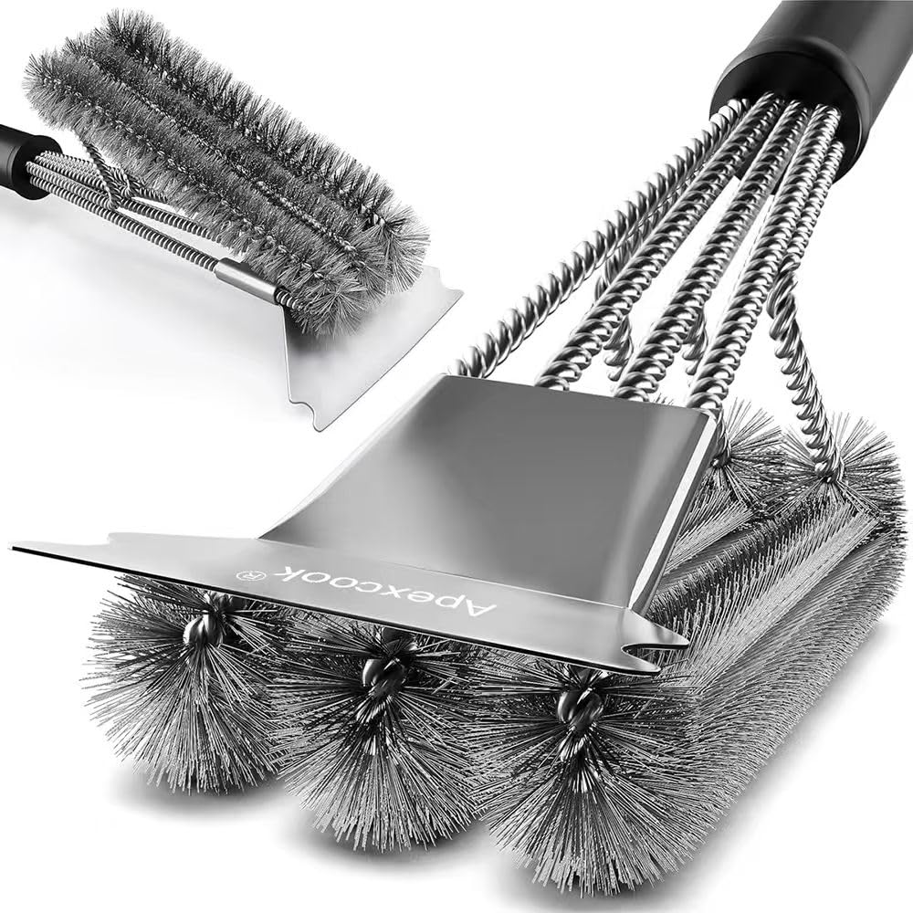 Apexcook Silvery Grill Cleaning Brush, Bbq Grill Brush With Stainless Steel Scraper, Heavy Duty Stainless Steel Barbecue Bristles Cleaner For Easier And Effective Clean, Bbq Wire Brush For Outdoor Charcoal, Gas Grill