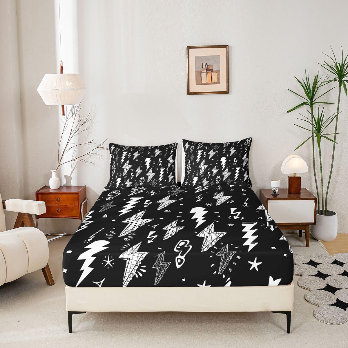Homewish Lightning Fitted Sheet Hand Drawn Doodle Lightning Bolt Bedding Set 2pcs for Kids Boys Thunderbolts Sheet Set Microfiber Bed Sheet Set (1 Fitted Sheet + 1 Pillow Case) Twin Size