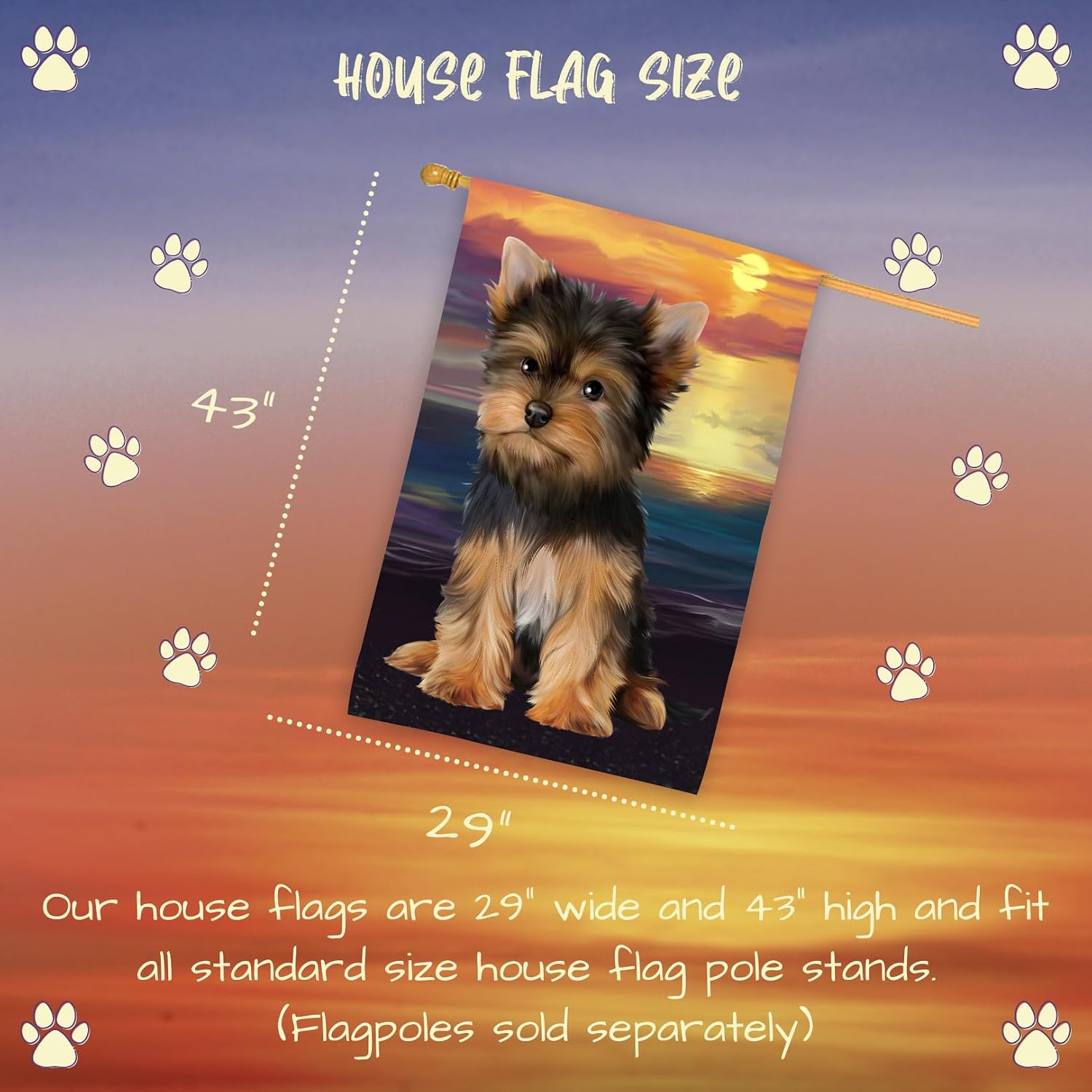 Sunset Yorkshire Terrier Dog House Flag - Outdoor Double Sided Pet Portrait Weather Resistant Premium Quality Home Decorative Flags - 100% Polyester 29"w x 43"h, HFLG54389