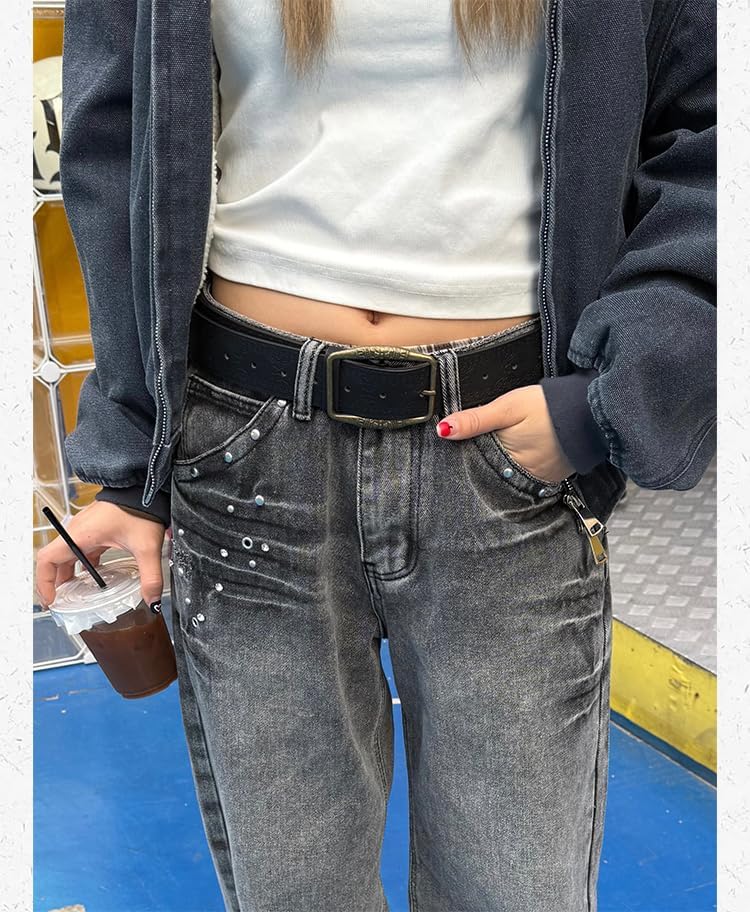 EMMIOL Cool Y2K Belt Women Black bb Belt Silver Buckle Oval D Ring Star Belts Trendy Streetwear Punk for Jeans - Image 4