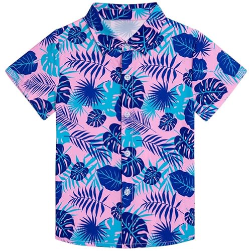 XiaoMoSha Boys Button Down Shirt Multi Hawaiian Shirt Summer Beach Tropical Casual Short Sleeve Printed Shirt for Kids, PinkLeaf, 5-6 Years