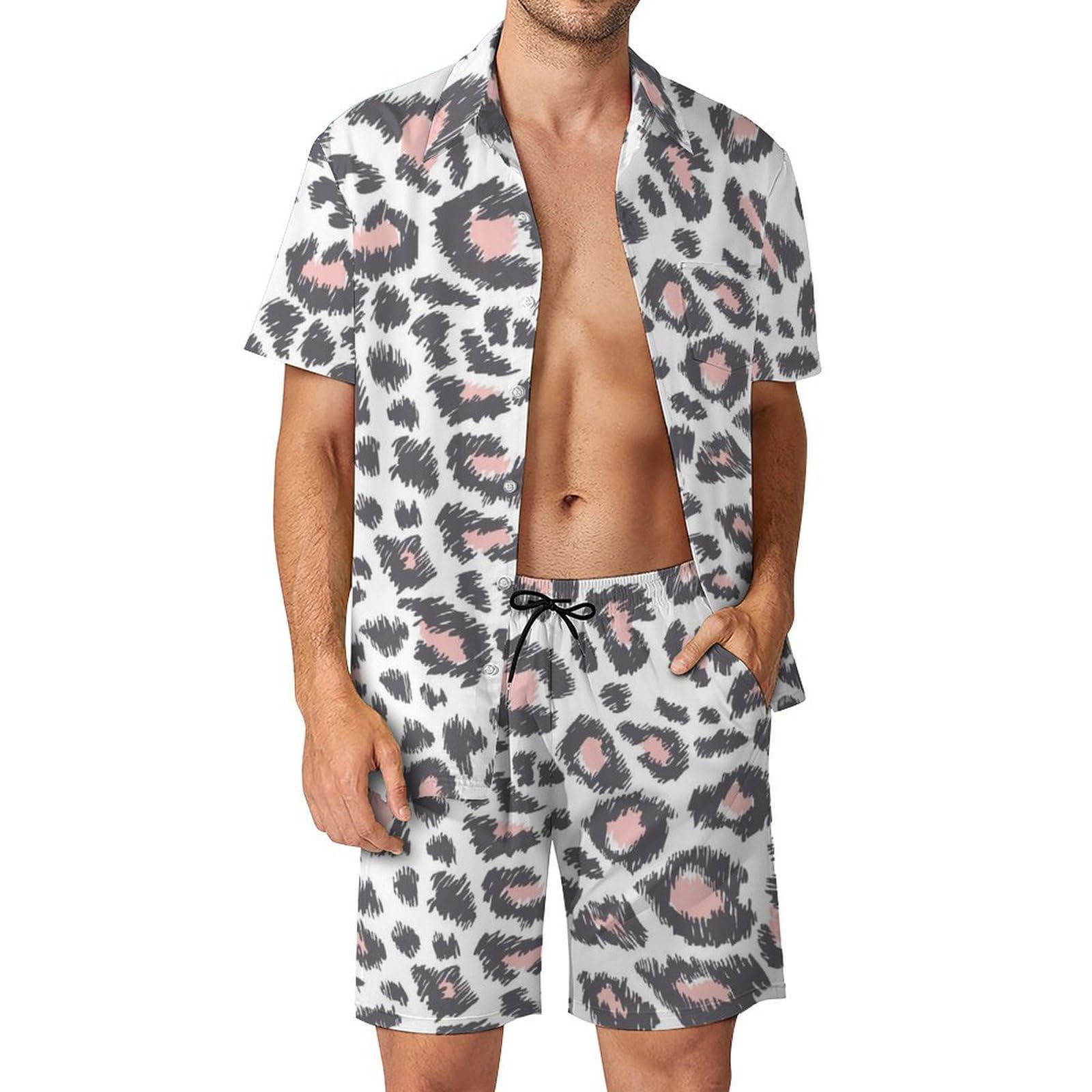 Chemise Hawaïenne Homme Rose Léopard Ensemble d'Été 2 Pièces S - 8