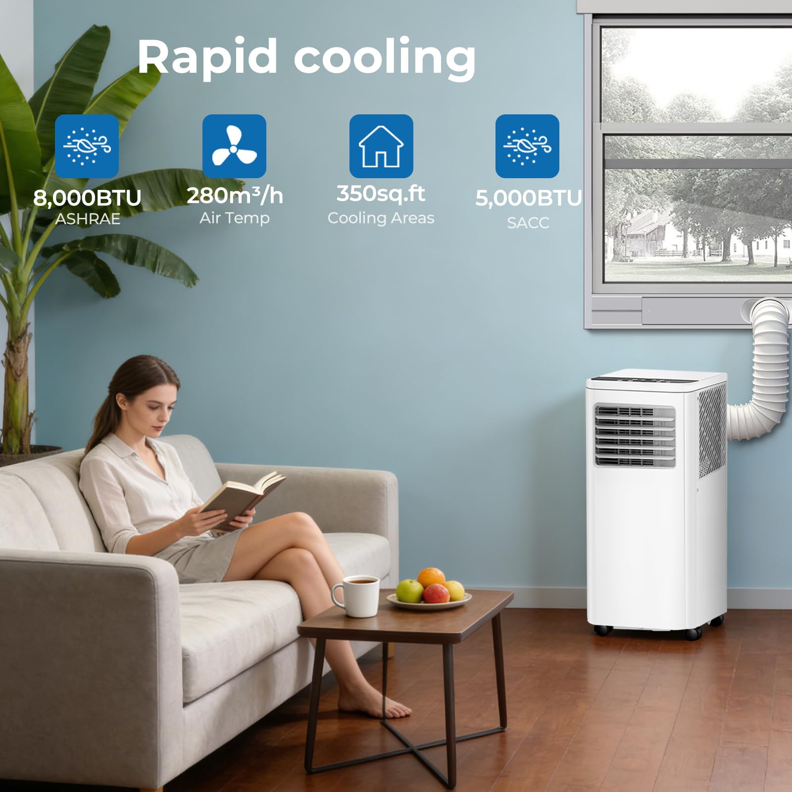 8,000 BTU Portable Air Conditioner with Cooling Dehumidifier Fan, Cools Room up to 350 sq ft, 3-in-1 AC Unit with Remote & Touch, 2 Speeds, 24H Timer, LED Display, Includes Window Kit, White - 3