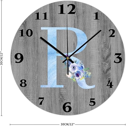 Miniatura 2 de Reloj de pared redondo de PVC con letra R floral azul acuarela, moderno, sin tictac, con iniciales personalizadas, estilo granja, para sala de