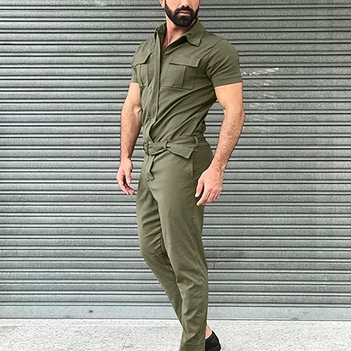 Vista 2 de WENKOMG1 Overol para hombre, con botones, de manga corta, ajustado, para trabajo, de una sola pieza