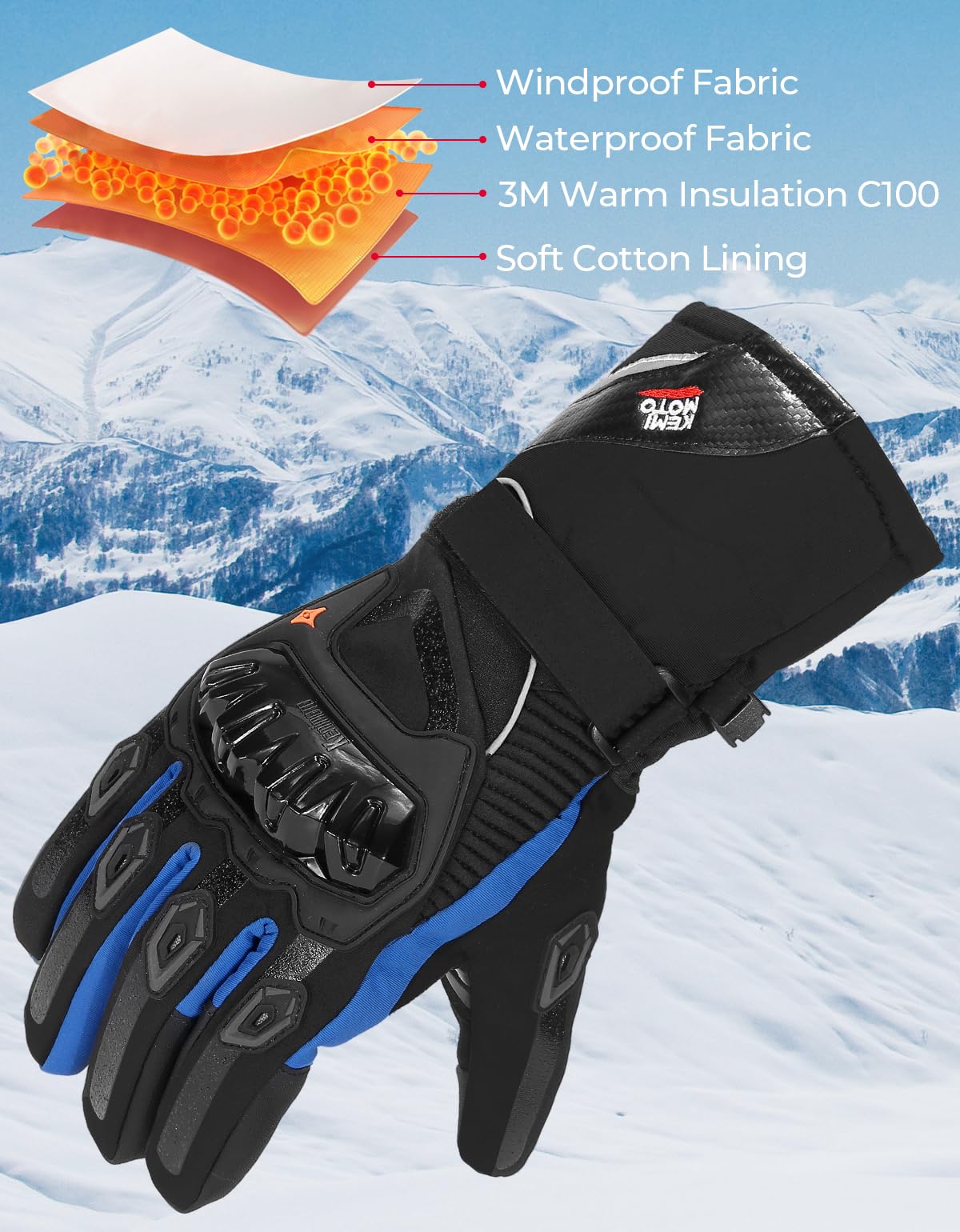 Gants Moto Hiver KEMIMOTO - Cuir, Imperméables, Coupe-vent, écran Tactile - Homme/femme