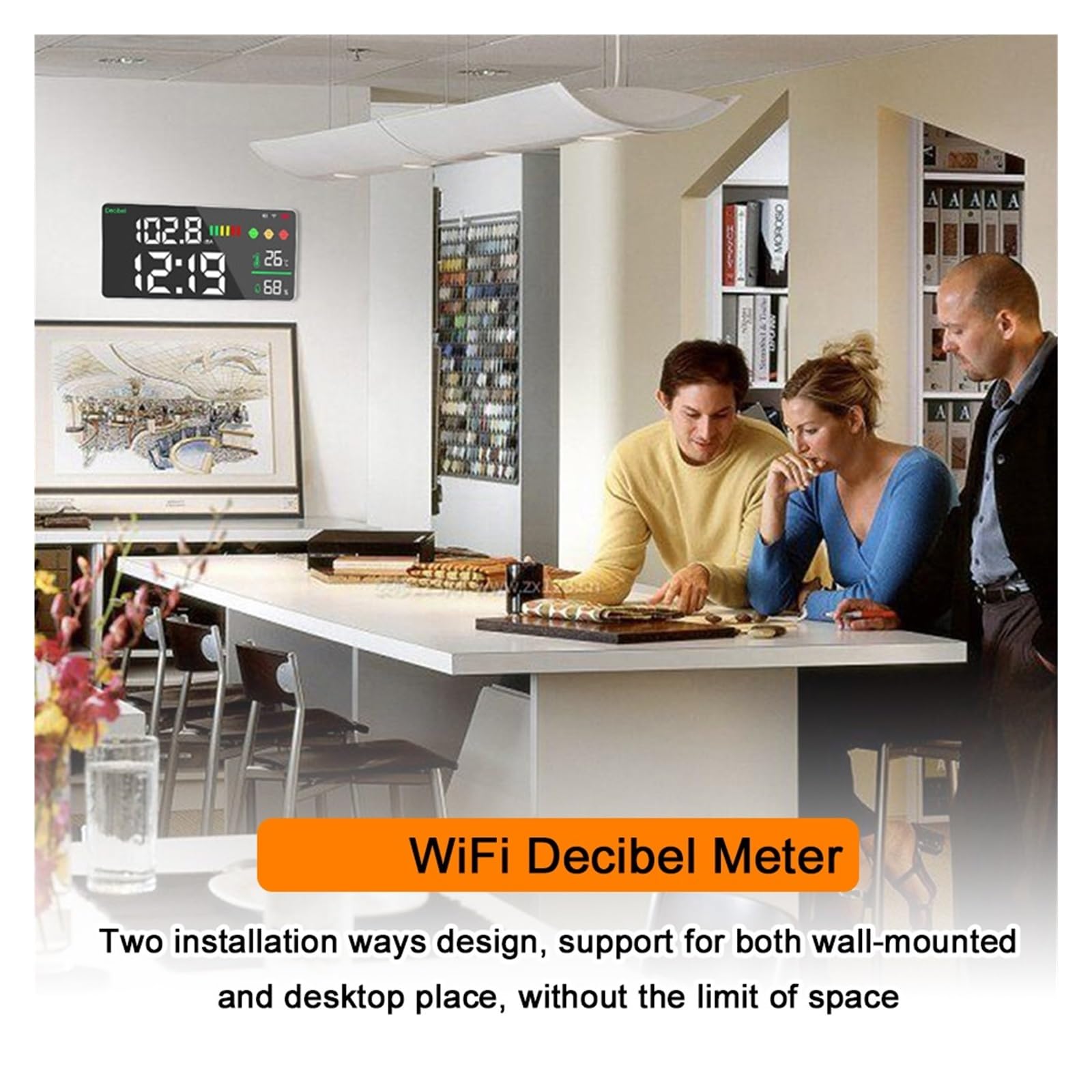 WiFi Noise Decibel Meter 4in1 Temperatur Luftfeuchtigkeit Decibel Test Wecker 11 Zoll LED-Farbverbindungssteuerung Breites Anwendungsspektrum