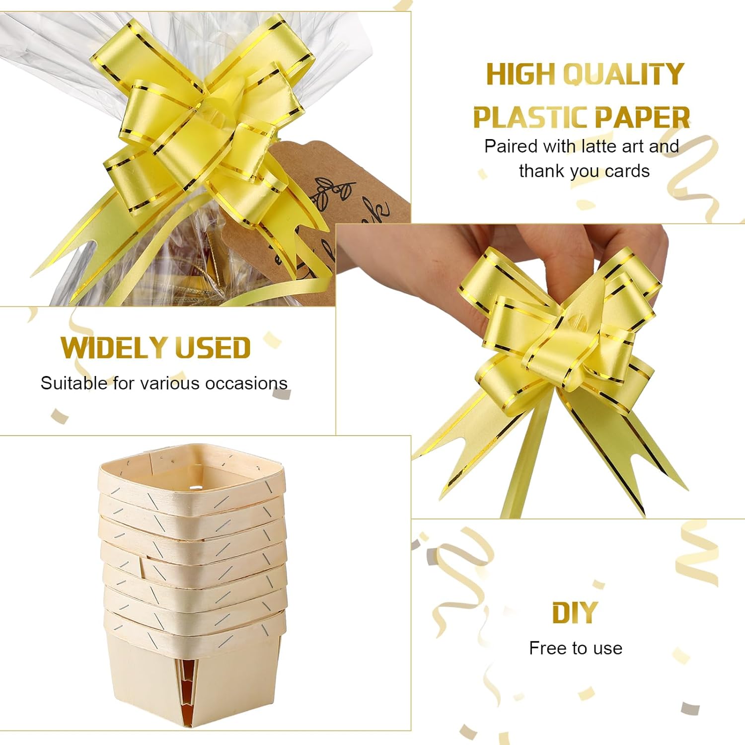 Pinkunn 30 Set Wooden Gift Baskets, with Clear Wrap Paper Bow Rope and Thank You Cards for Birthday Party Favors, 4'' Square Vented Wood Boxes
