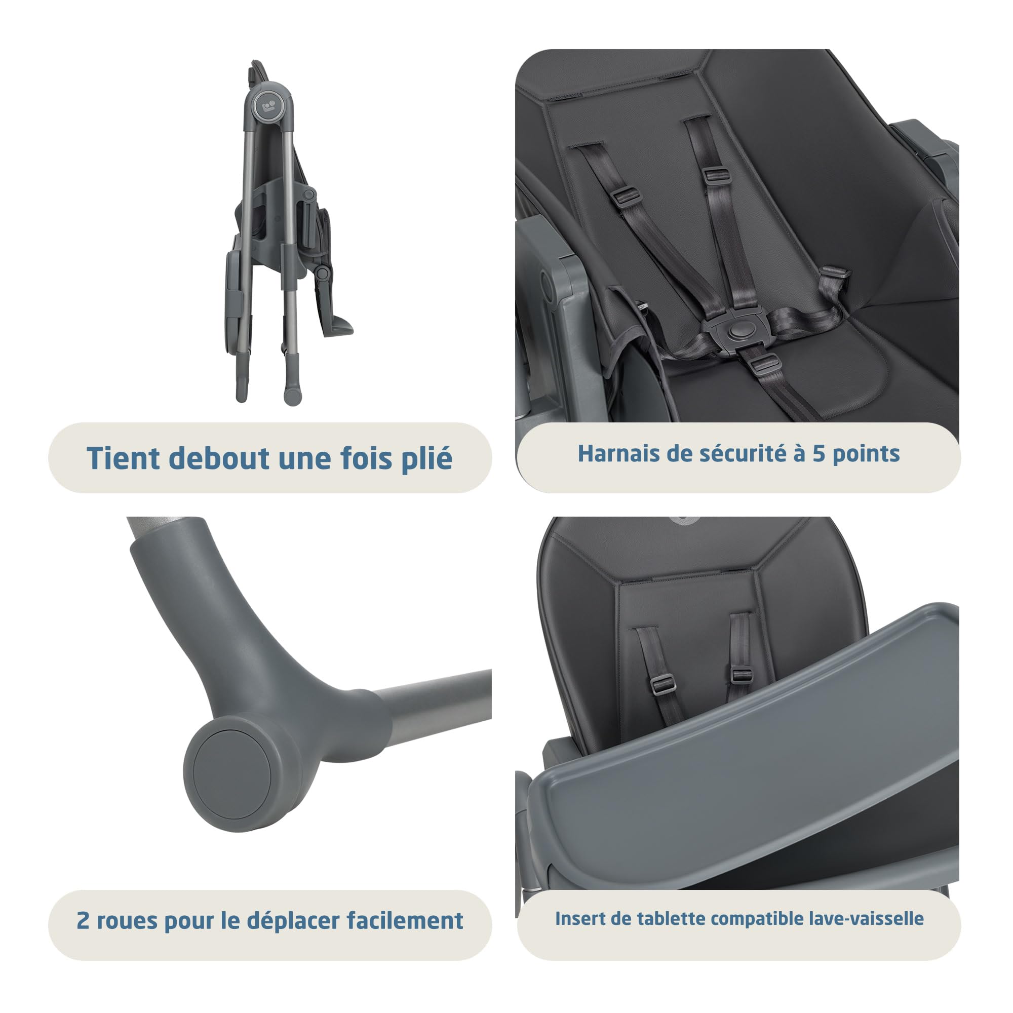 Maxi-Cosi Ava2 Chaise Haute Bébé, 0-3 ans (15 kg max.), Chaise Haute Pliable, Légère (9,45 kg), 4 Réglages D'inclinaison & 5 de Hauteur, Plateau Amovible d'une Main, 2 Roulettes, Elegance Graphite