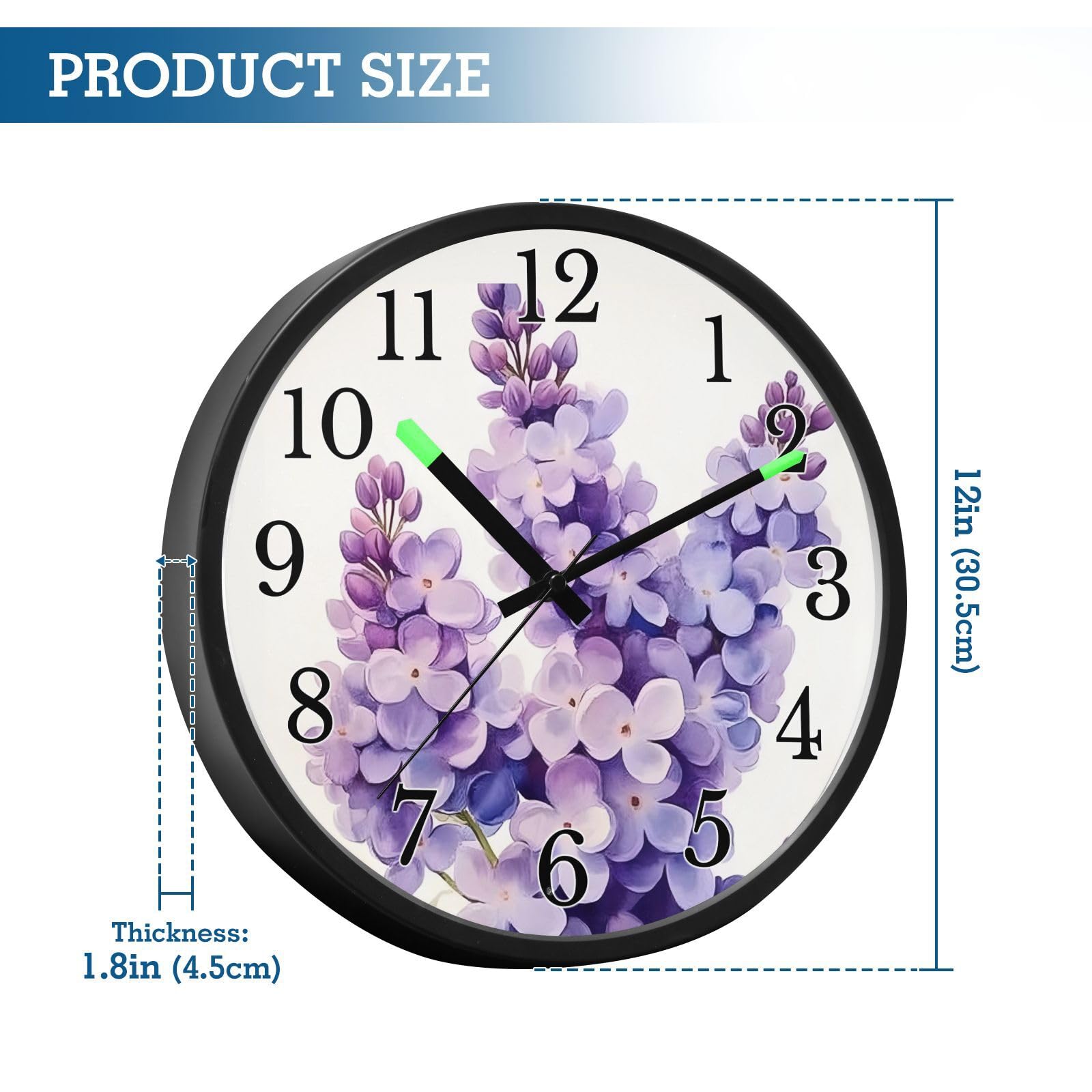 Mnsruu Reloj de pared luminoso con acuarela, color lavanda, reloj de pared que brilla en la oscuridad, funciona con pilas, silencioso, sin tictac, luz nocturna para dormitorio