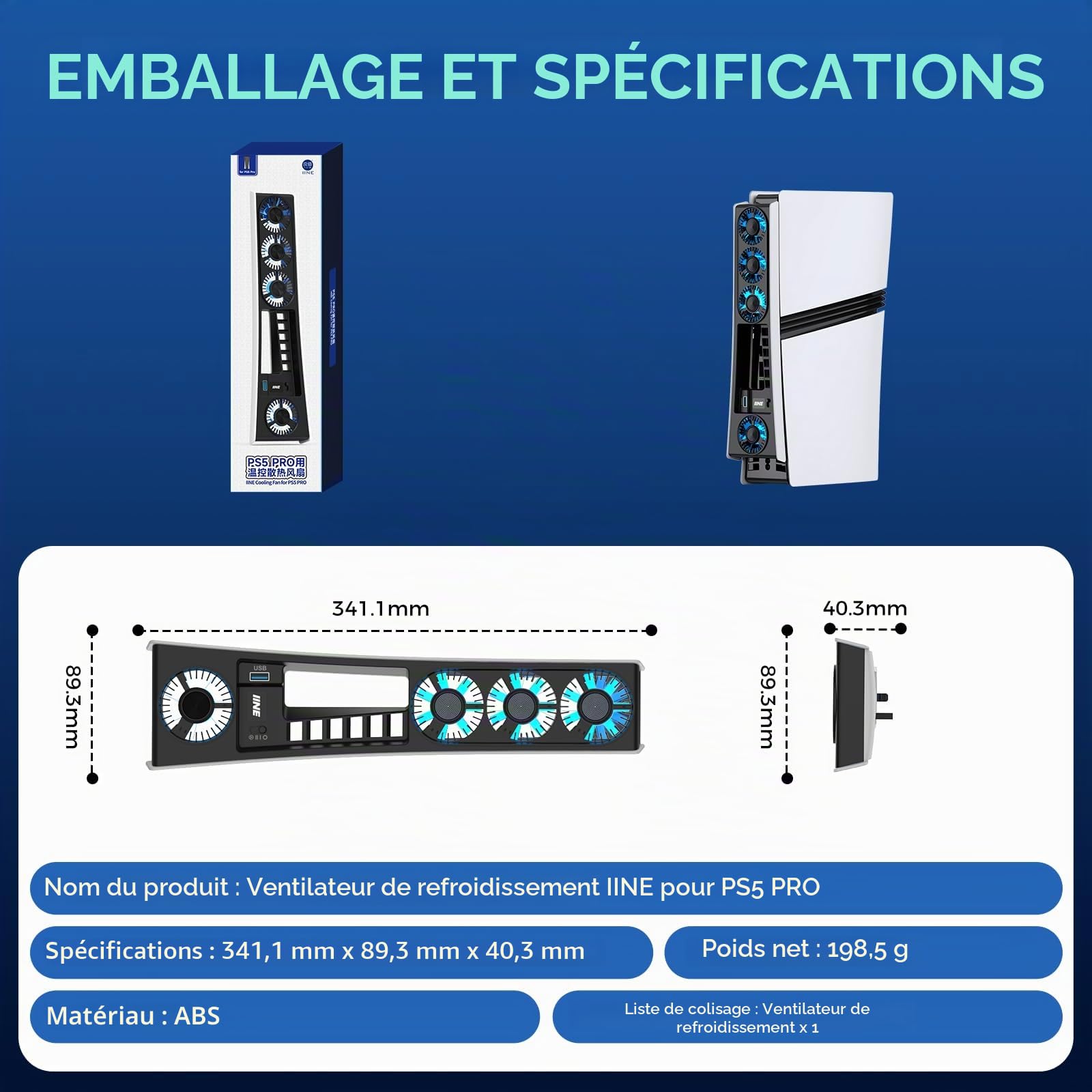 Ventilateur de refroidissement pour PS5 Pro, ventilateur de refroidissement efficace avec vitesse réglable/lumière LED, accessoires de refroidissement à température contrôlée PS5 PRO avec port USB 3.0