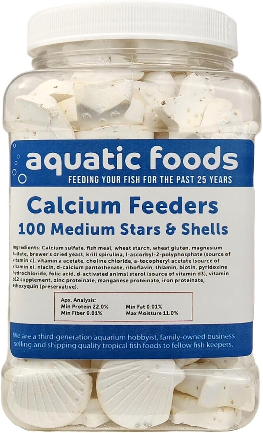 Aquatic Foods Inc. Medium Size Calcium Feeder Stars & Shells for Shrimp, Snails, Crabs, Crayfish, Hermit Crabs and All Tropical Fish…100 Count Jar