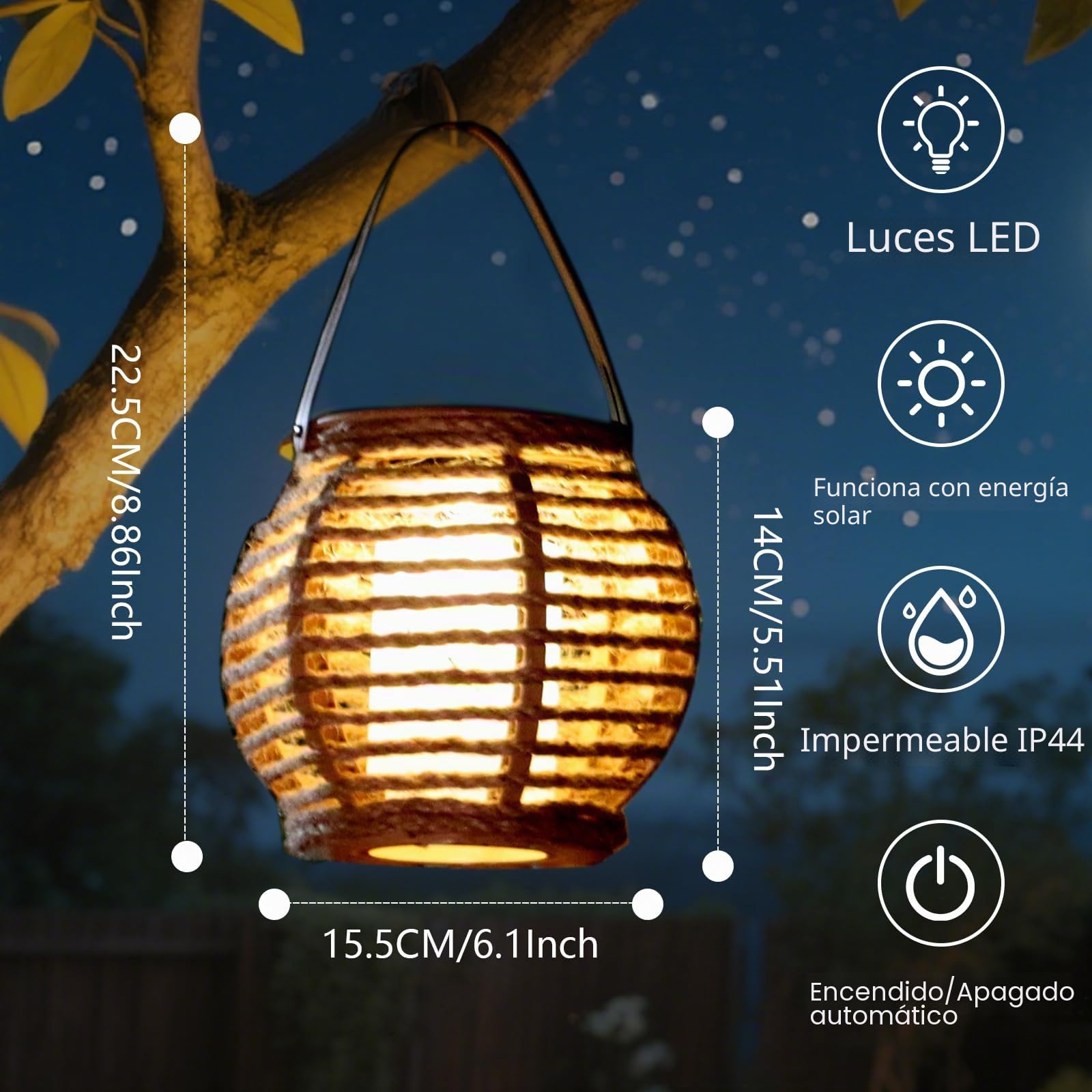 Farol Solar Exterior 2 Uds, Farolillo Mesa Jardín IP44, Luz Cálida | Cuerda Cáñamo | 3000K Cálido | Crepúsculo Auto | PP Trenzado | φ15.5 × 15.5cm