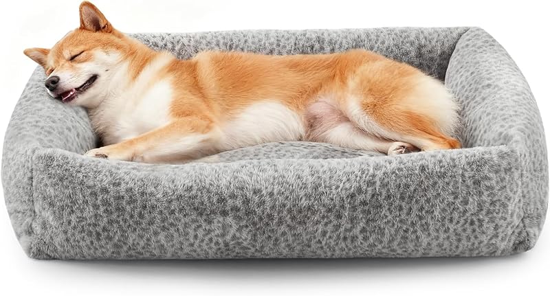 Cama grande para cães JOEJOY em pelúcia de pelo sintético de coelho, capa removível e lavável, antiderrapante, 91,44 x 68,58 x 20,32 cm, Leopard Print Grey