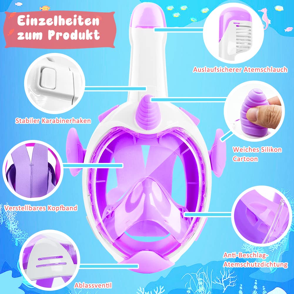 Máscara de esnórquel de unicornio para niños de 4 a 12 años, 180° HD, antivaho y antifugas, gafas de buceo para niños con esnórquel, máscara de esnorquel segura de CO2 (morado)