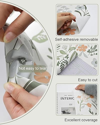 Miniatura 3 de MelunMer Papel tapiz floral para despegar y pegar, papel tapiz bohemio con hojas para cajones, armarios, autoadhesivo, extraíble, papel tapiz para