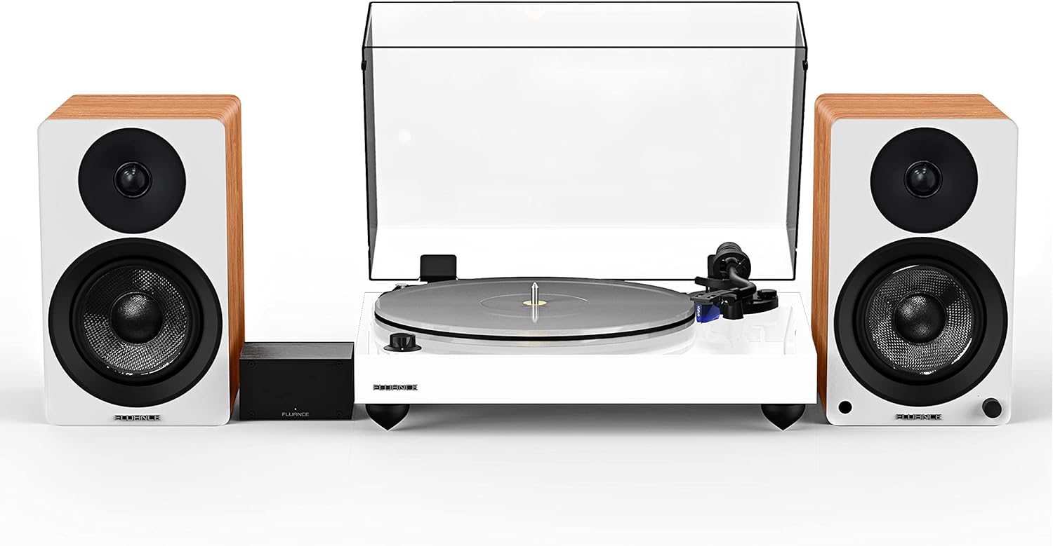 Fluance Reference RT85 High Fidelity Vinyl Turntable (White), PA10 Phono Preamp, Ai41 Powered 5" Bookshelf Speakers (Lucky Bamboo), Ortofon 2M Blue Cartridge, 90W Class D Amplifier, Bluetooth