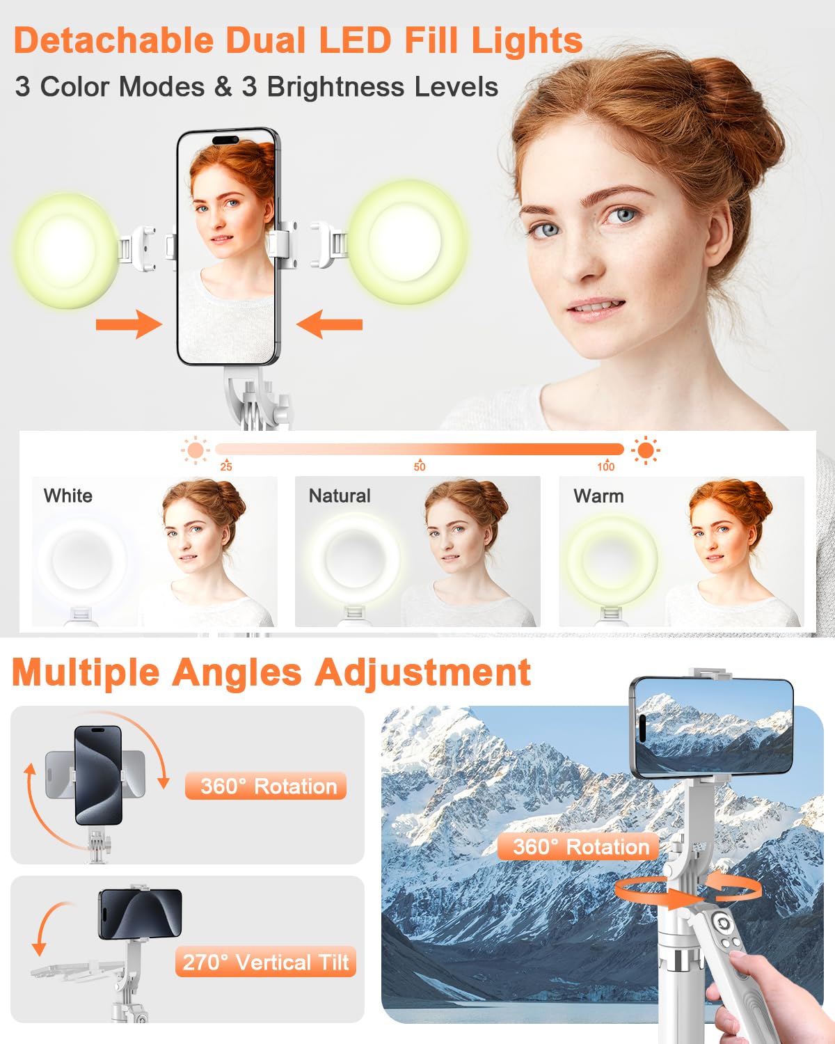 Trépied de suivi de visage automatique de 71 pouces pour iPhone avec lumière