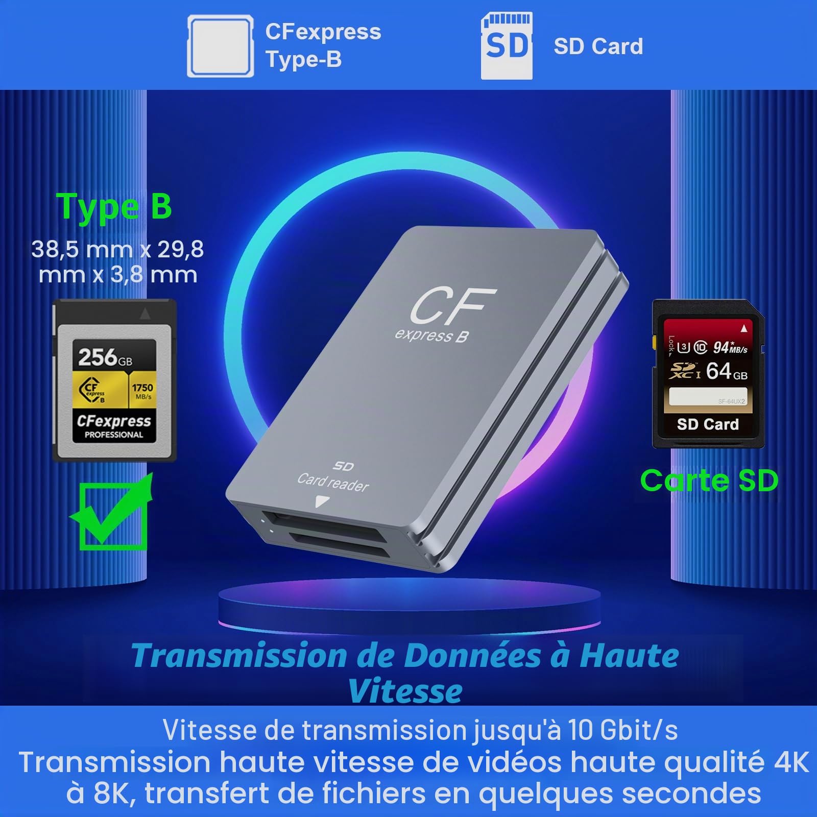 Lecteur de Carte CFexpress Type B Lecteur de Carte SD Type B USB 3.2 Gen 2 10Gbps Thunderbolt 3 Port CFexpress Reader Aluminium CFexpress Carte mémoire Adaptateur Support Android/Windows/Mac OS/Linux